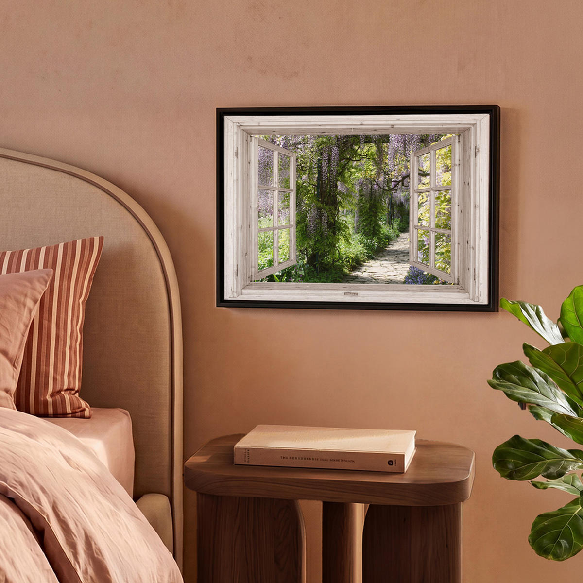 LEINWAND Bilder mit Rahmen - Blauer Regen - Blumen - Aussicht - Baum - Frühling - 40x30 - Grün, Textil (40/30cm) - MuchoWow