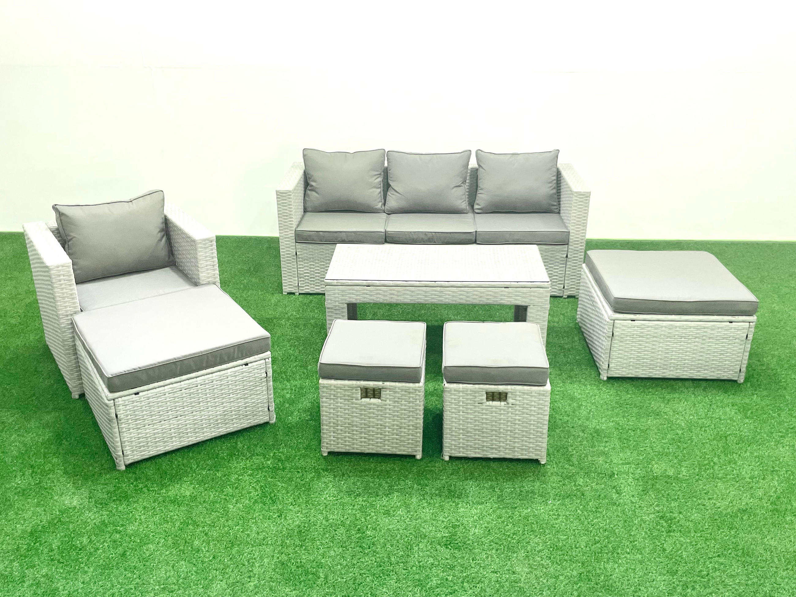 BALKONMÖBEL-SET Polyrattan Hellgrau-Mix 8-teilig - Hellgrau/Grau, Glas/Kunststoff - Fimous