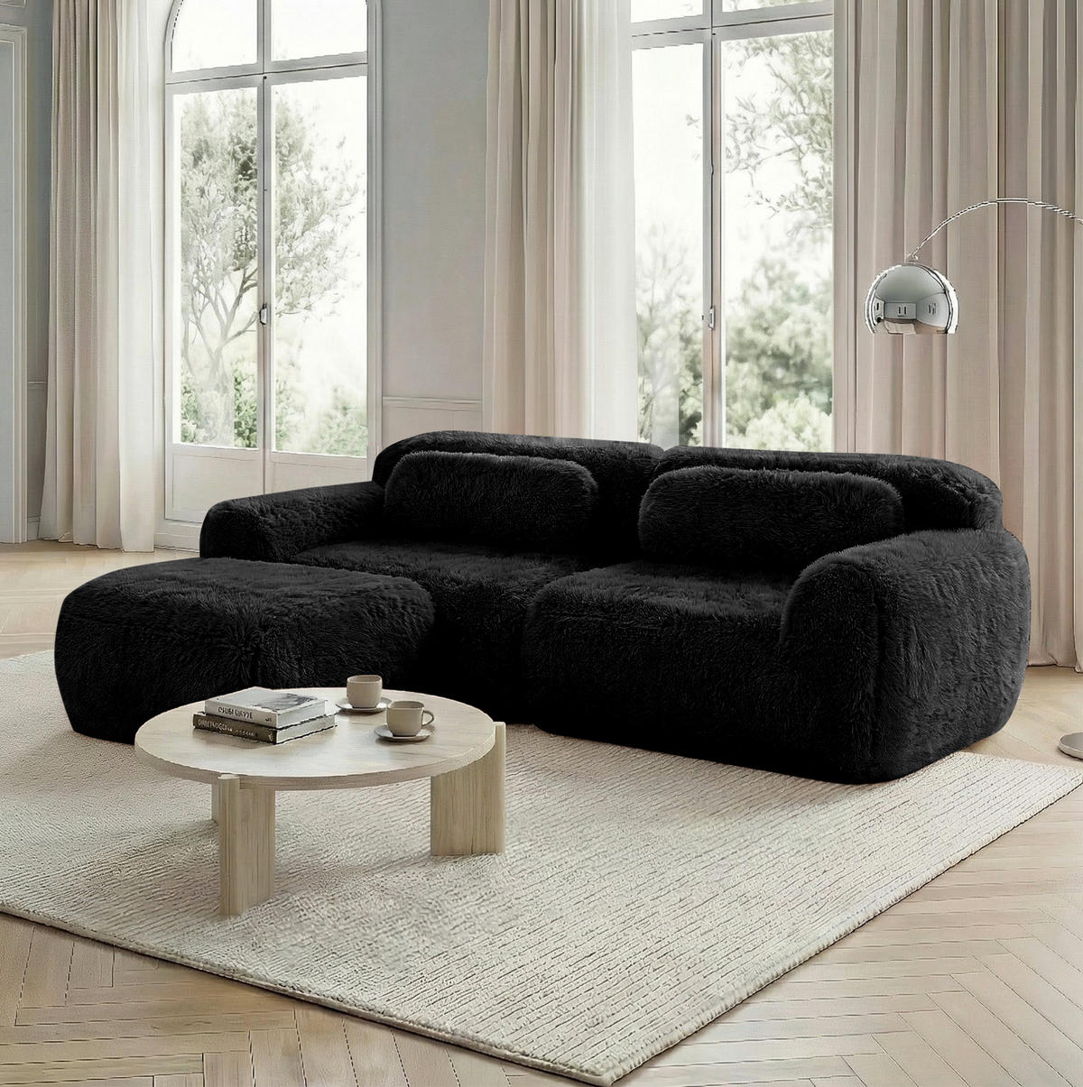 ECKSOFA aus Plüsch in Schwarz mit modularem Design - Schwarz, Textil (179/73/204cm) - Modfu