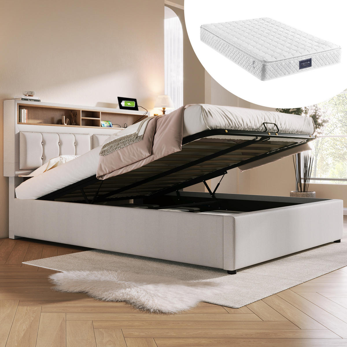 POLSTERBETT mit Stauraum & USB 140x200 cm Beige inkl. Matratze - Beige, Metall (140/200cm) - Meubliv