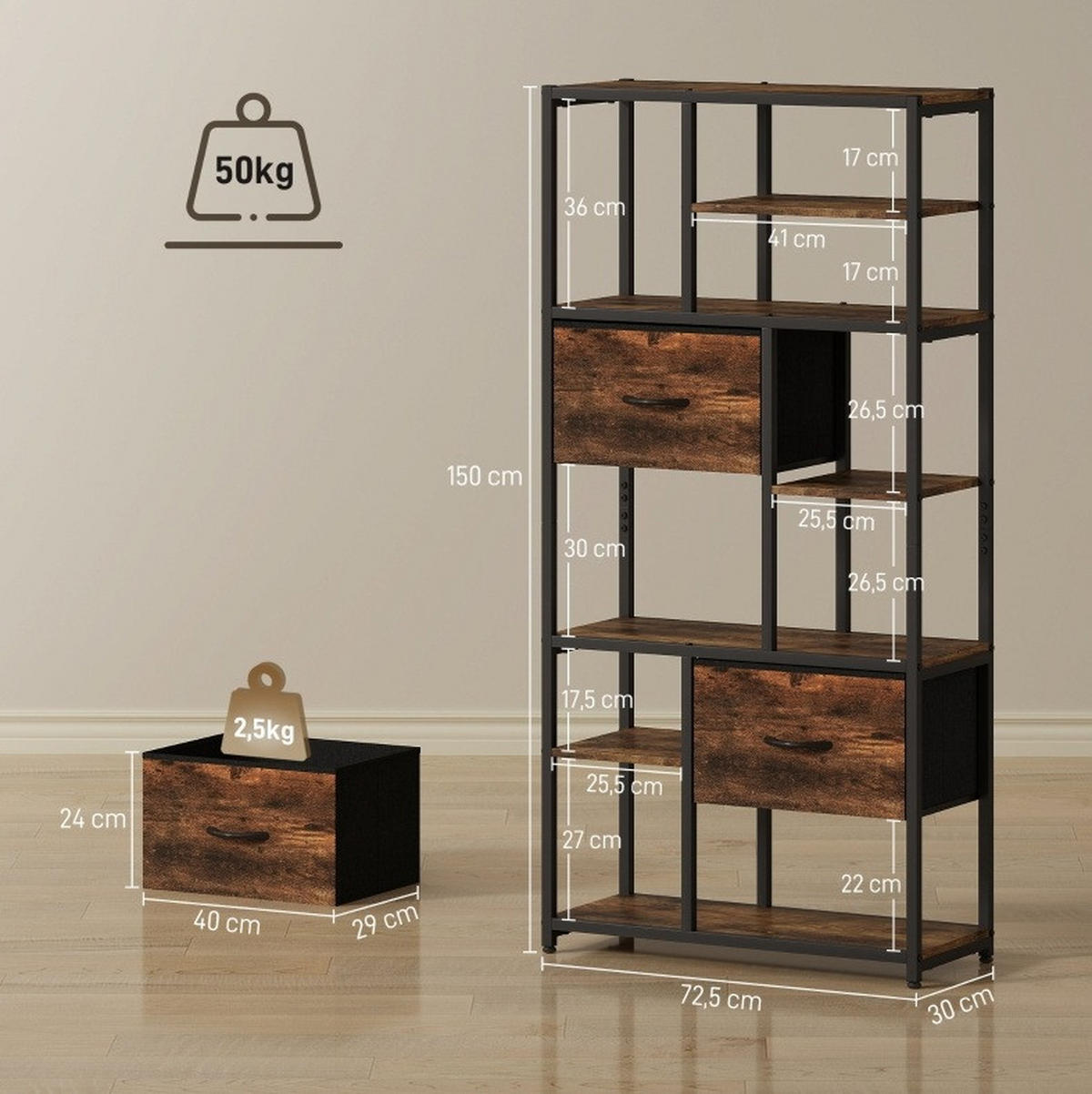 BÜCHERREGAL 72,5/30/150 cm mit 9 offenen Fächern und 2 Stoffschubladen - Braun, Holzwerkstoff (72.5/150/30cm) - BEAOK