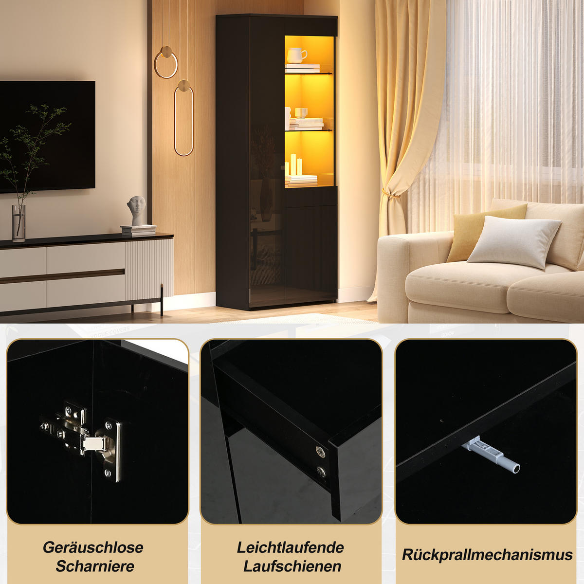 VITRINE 70x35x180 cm Schwarz mit LED und Schubladen - Schwarz, Holzwerkstoff (70/180/35cm) - FLIEKS