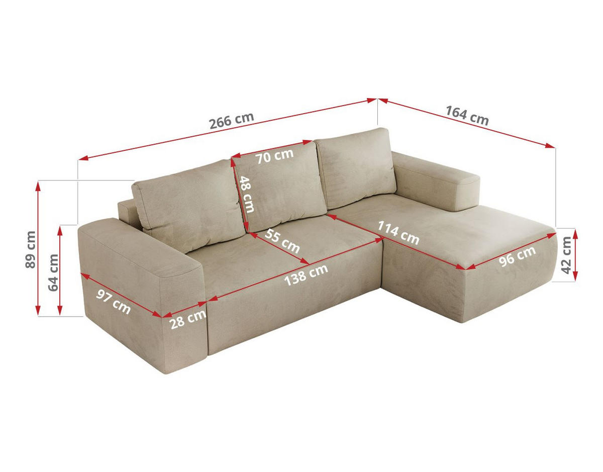 ECKSOFA TRENTINO L Beige Velvet - Links - Beige/Schwarz, Textil (266/164cm) - MKS