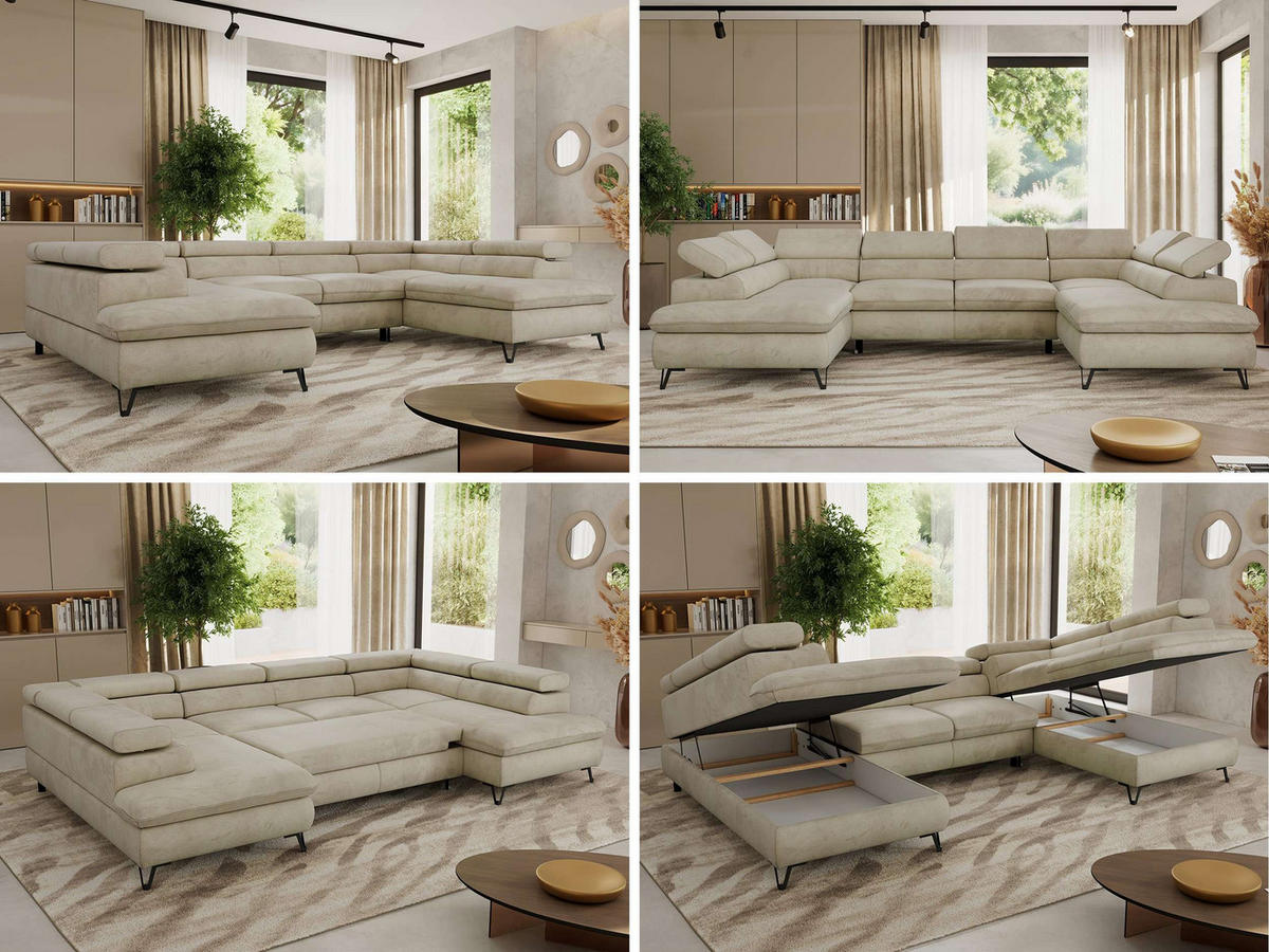 WOHNLANDSCHAFT PABLO U Velvet Beige mit Topper T25 - Beige/Schwarz, Textil/Metall (346/76/208cm) - MKS