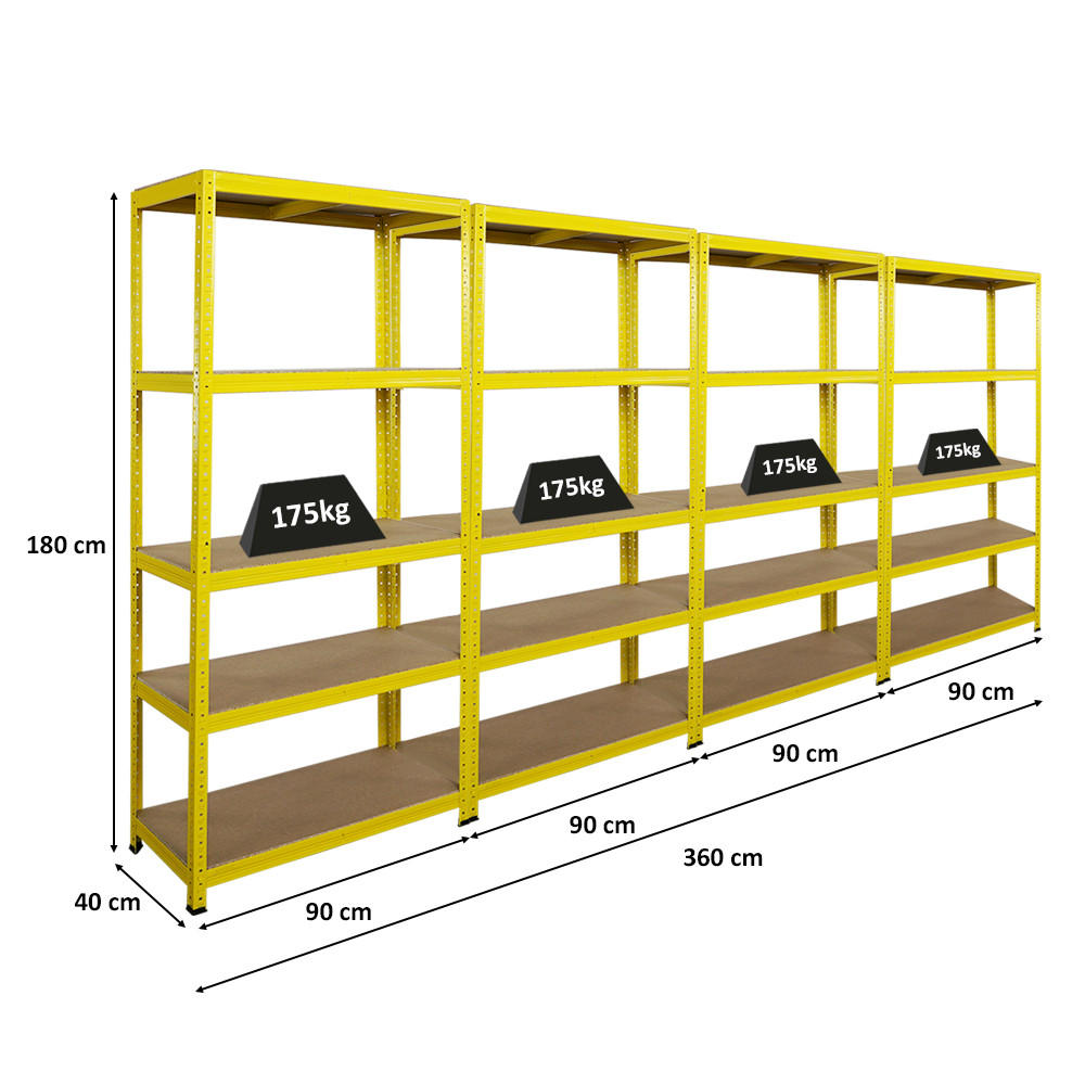 SCHWERLASTREGAL 4er YELLOW BEE Set, HxBxT 180x90x40cm, Fachlast 175kg, 5 Ebenen, Gelb - Gelb, Metall (360/180/40cm) - PROREGAL