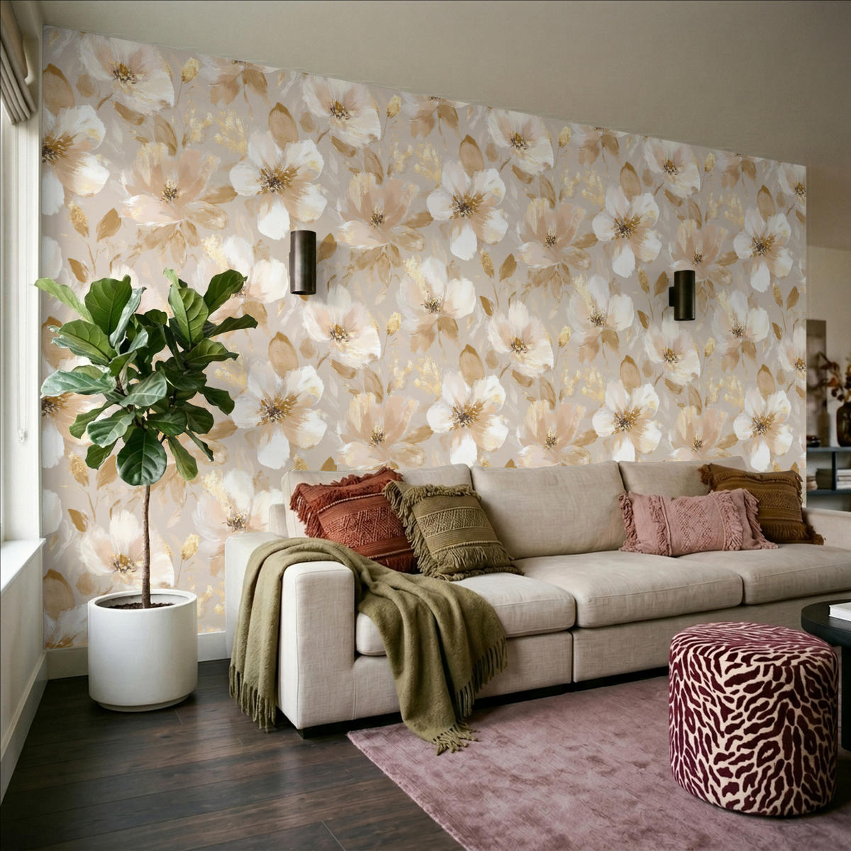 TAPETE - Blumen - künstlerisch - Gold - 400x220 cm - Beige, Papier (400/220cm) - OnlyWow
