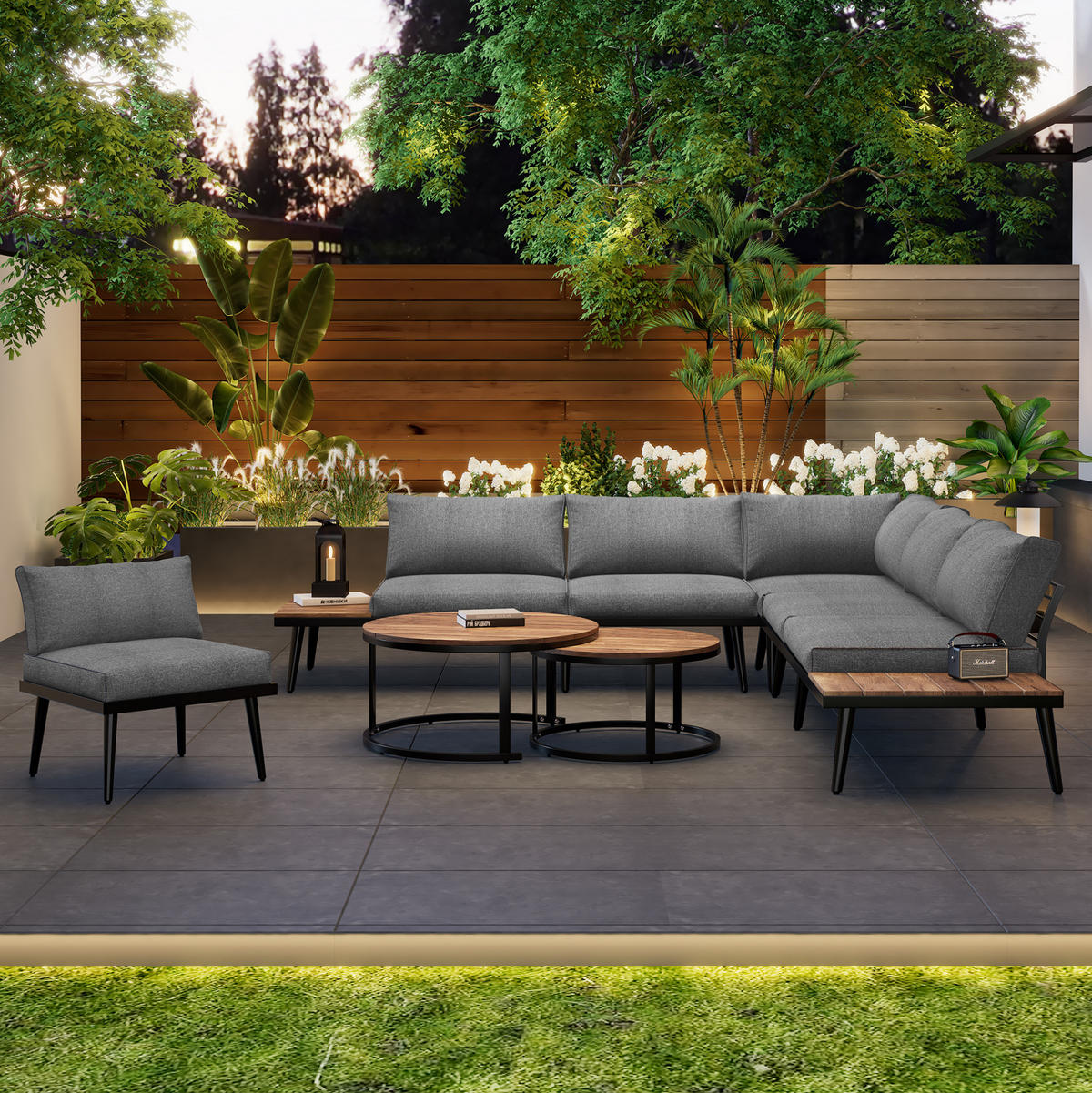GARTENLOUNGE-SET 160/64/75 cm 6-tlg. mit 8 cm Kissen, modularer Kombination und verzinktem Eisenrahmen, Antikgrau - Grau, Metall - Redom