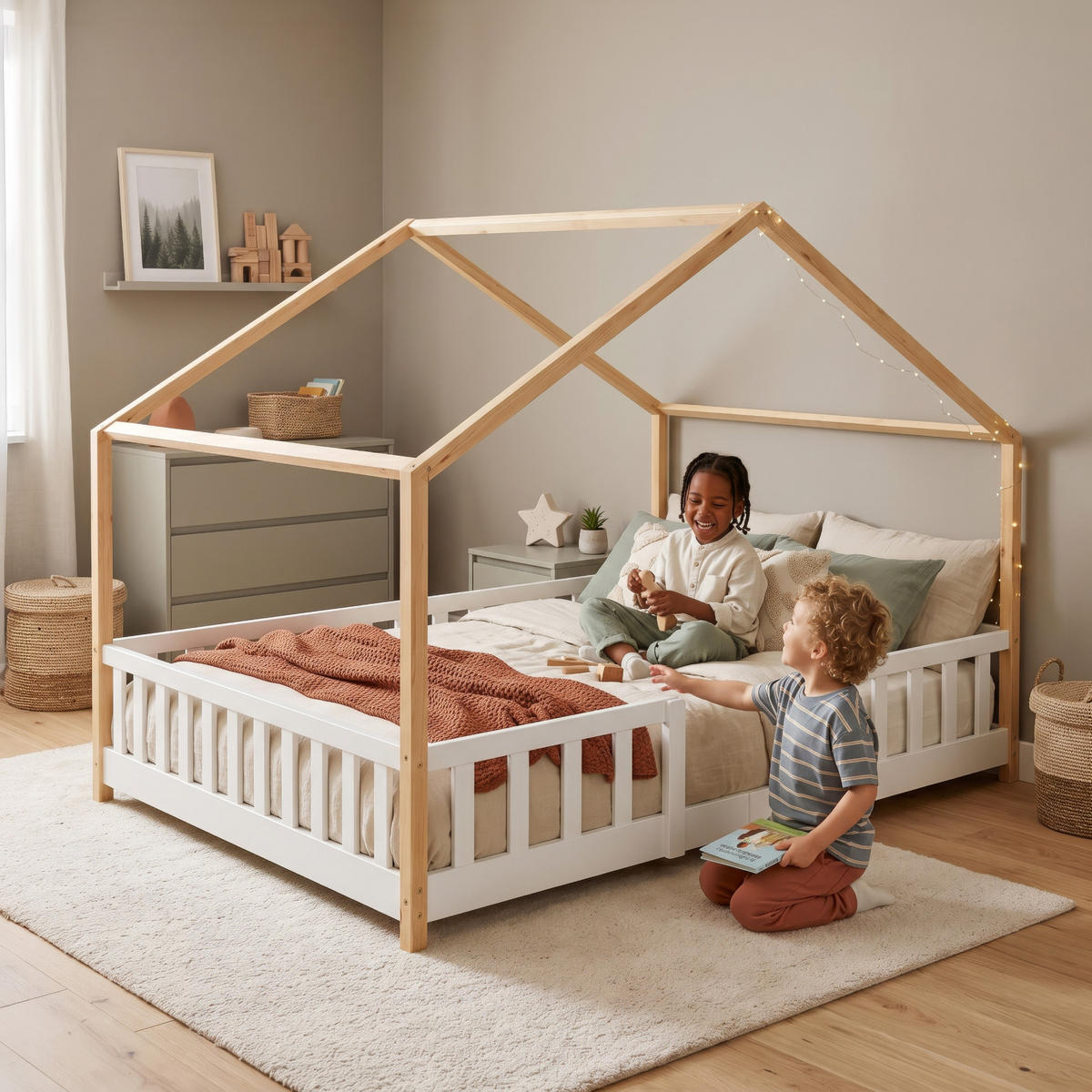 HAUSBETT Treviolo - Weiß/Naturfarben, Holz (140/200cm) - [en.casa]