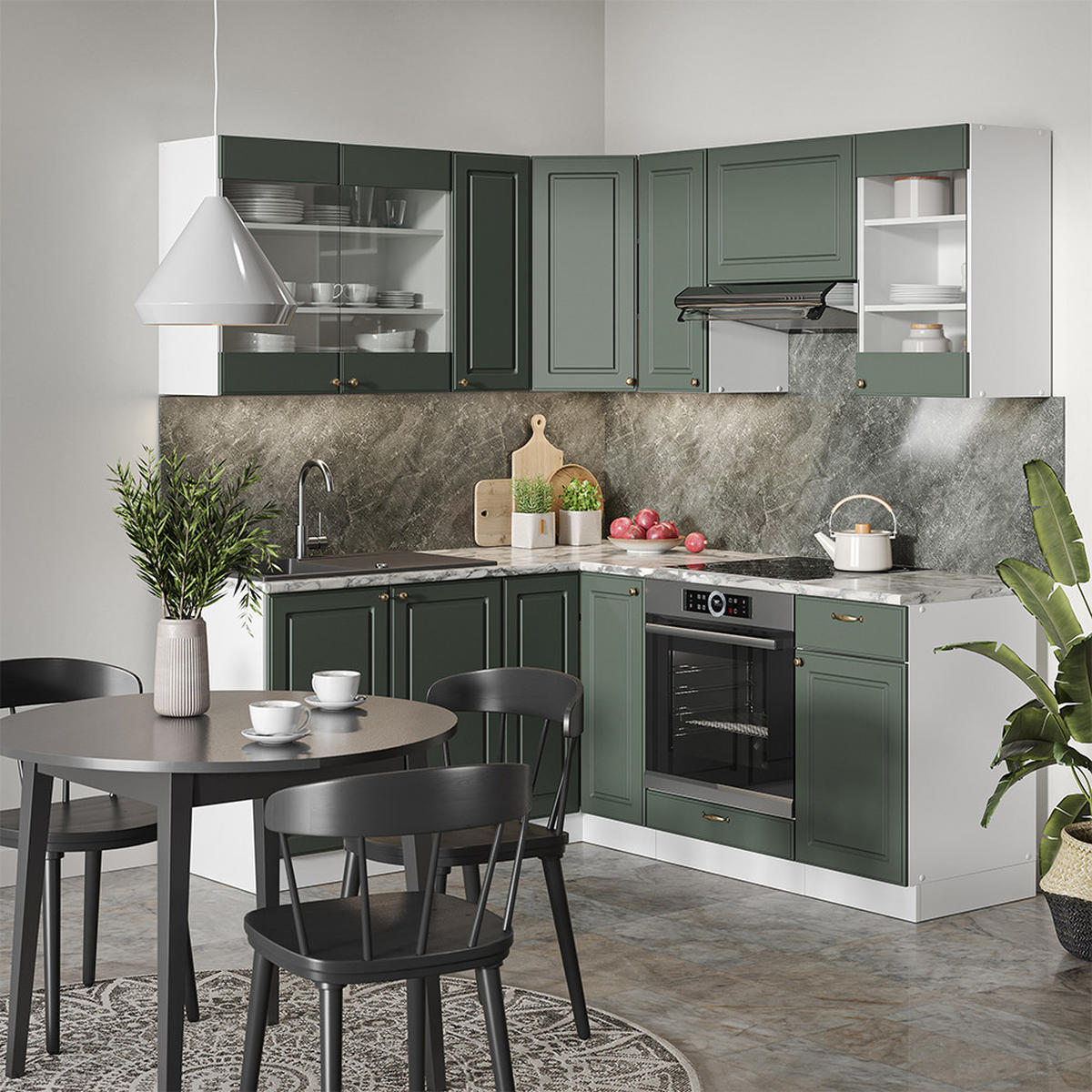 ECKKÜCHE Fame-Line Grün-Gold Landhaus/Weiß 160 x 60 cm ohne AP - Weiß/Grün, Holzwerkstoff (190/81.6/46cm) - Vicco