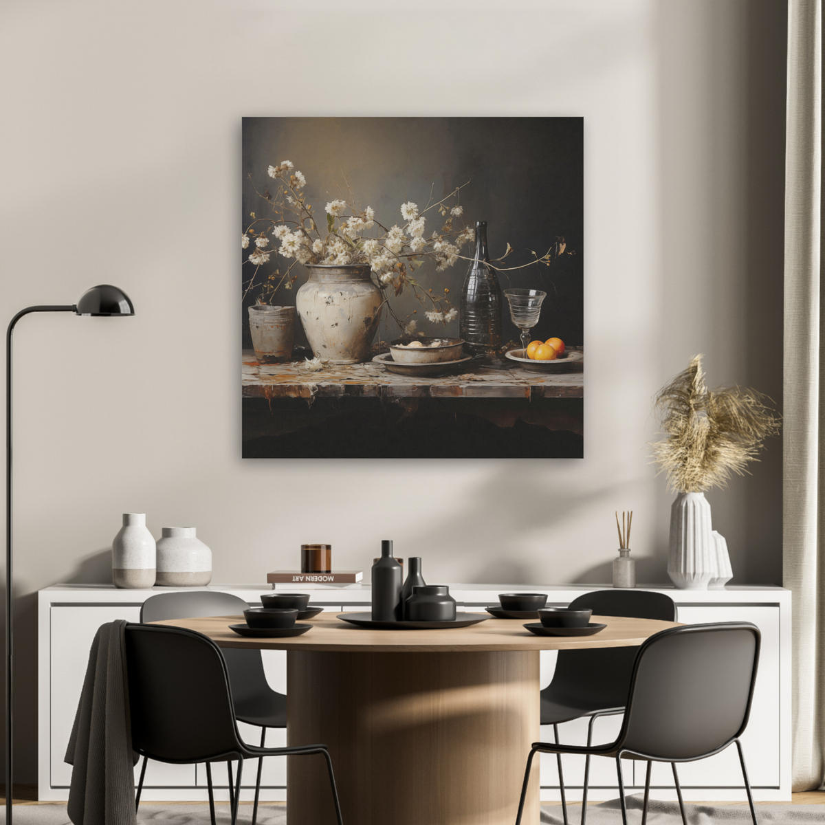 AKUSTICKÝ OBRAZ Zátišie - Kvety - Kytica - Váza - Víno 80x80 cm - čierna, plast (80/80/0.9cm) - MuchoWow