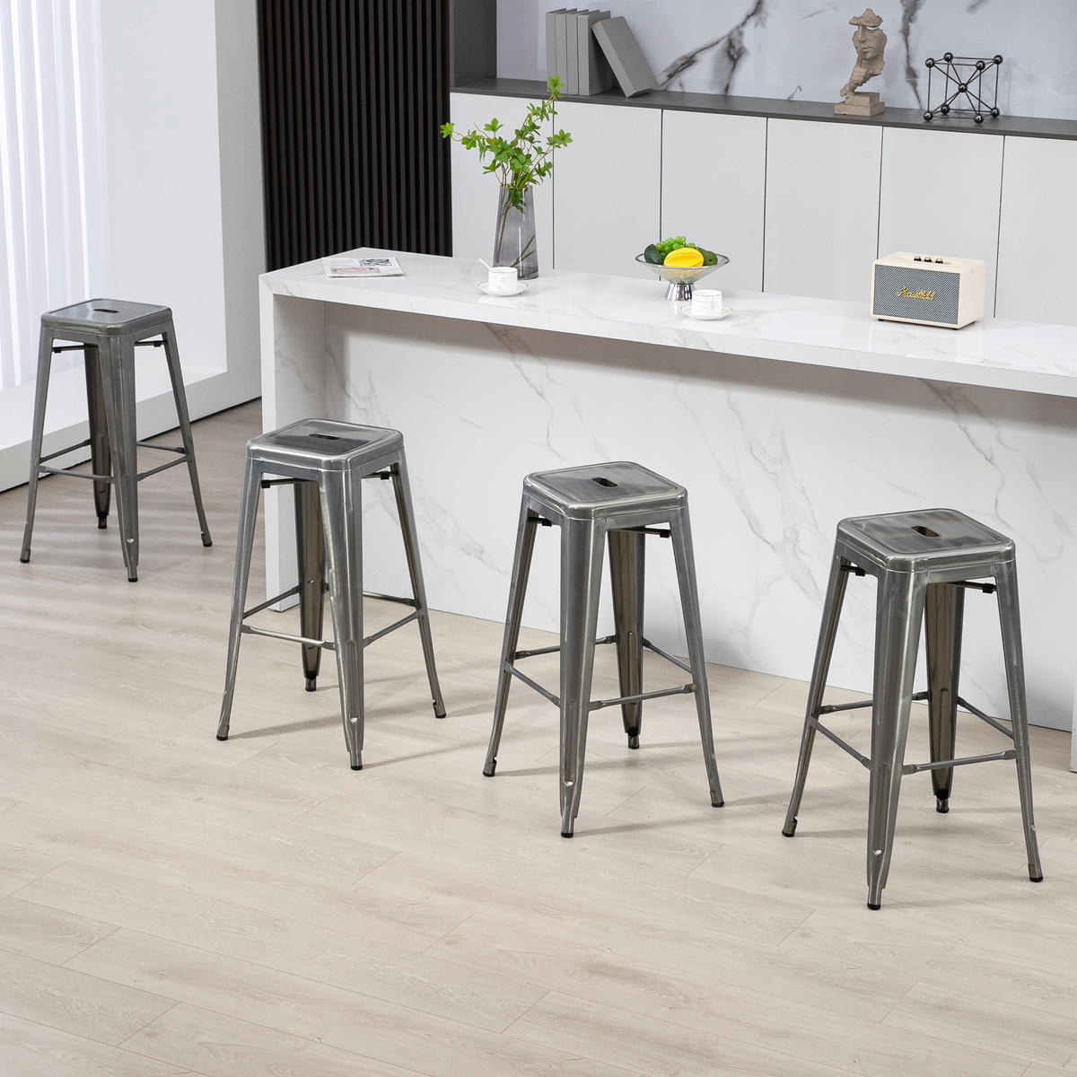 BARHOCKER 4er-Set DE-14729 industriell stapelbar mit Fußstütze Silber - Silberfarben, Metall (43/76/43cm) - ComfortXL