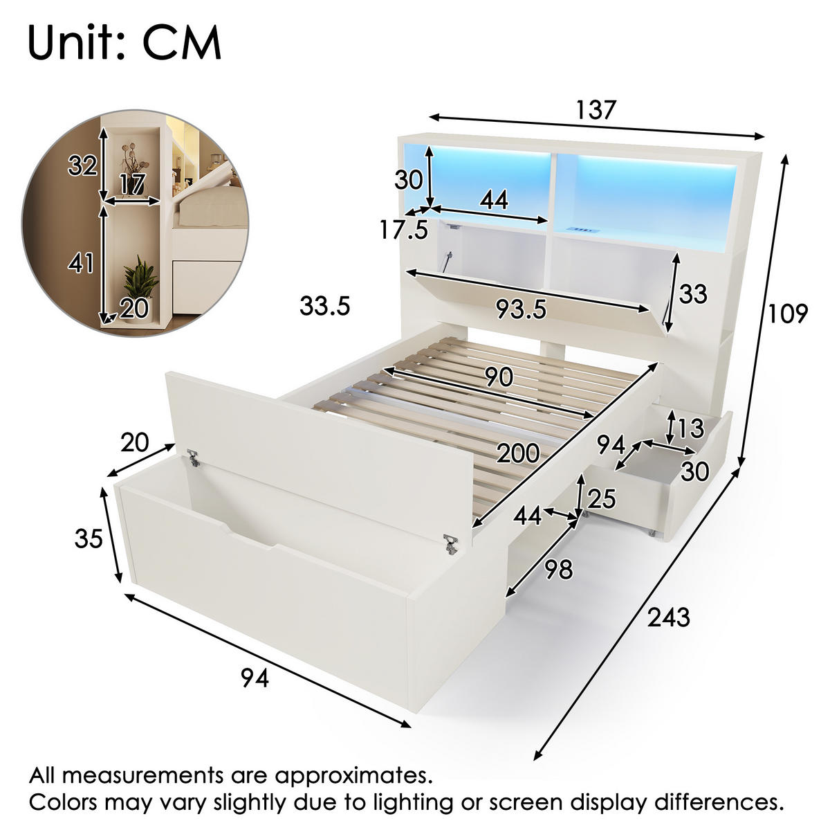 BETT 90x200 cm in Weiß mit LED & USB-C-Ladeanschlüssen - Weiß, Holzwerkstoff (90/200cm) - Modfu