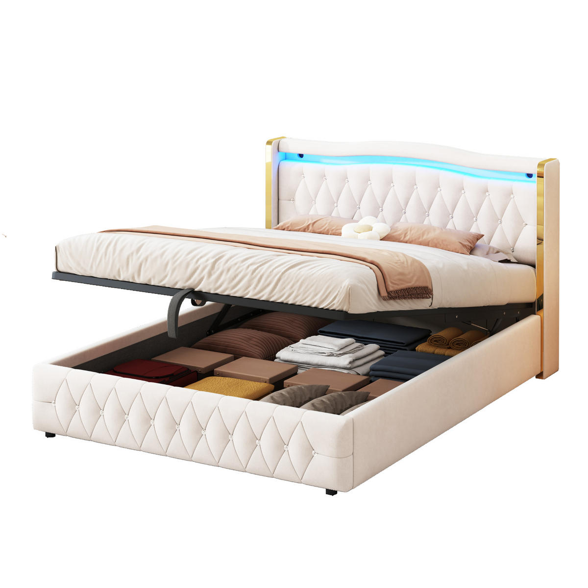 POLSTERBETT 160/200 cm beige mit LED-Beleuchtung und hydraulischem Stauraum - Beige, Textil (160/200cm) - OKWISH