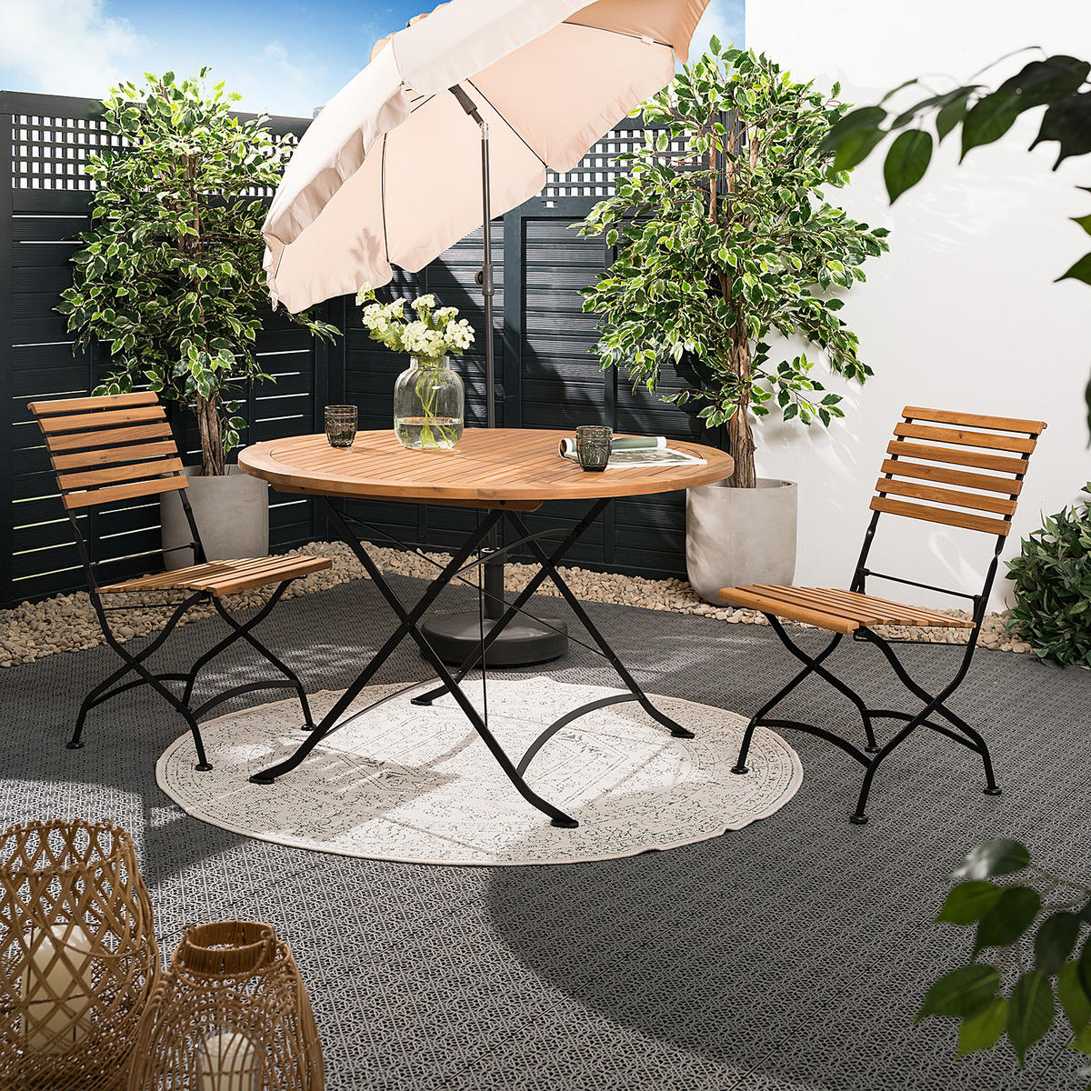 GARTENTISCH - Rund - Akazie massiv / Stahl - Braun / Schwarz - Schwarz/Braun, Holz/Metall (120/120/75cm) - home24