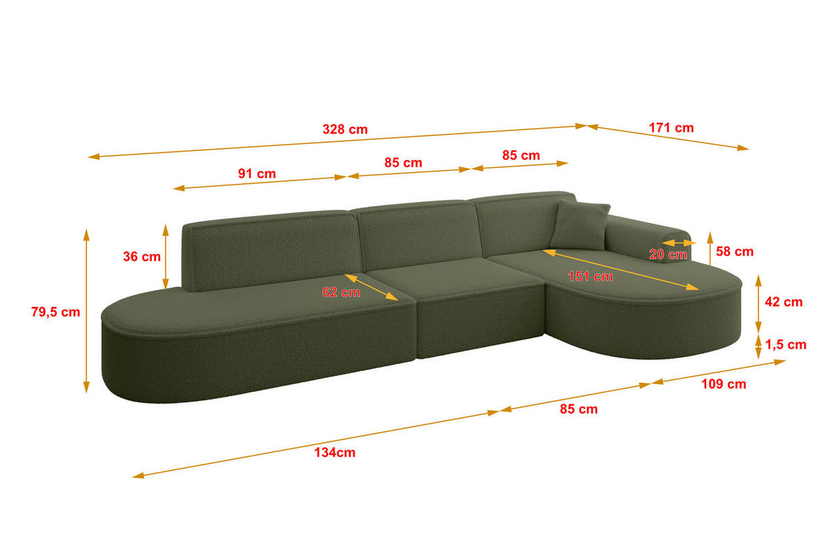 ECKSOFA Ottomane Rechts MARI-L2 - 328x171x79 cm Grün Bouclé - Schwarz/Grün, Holzwerkstoff/Kunststoff (171/328cm) - ALTDECOR