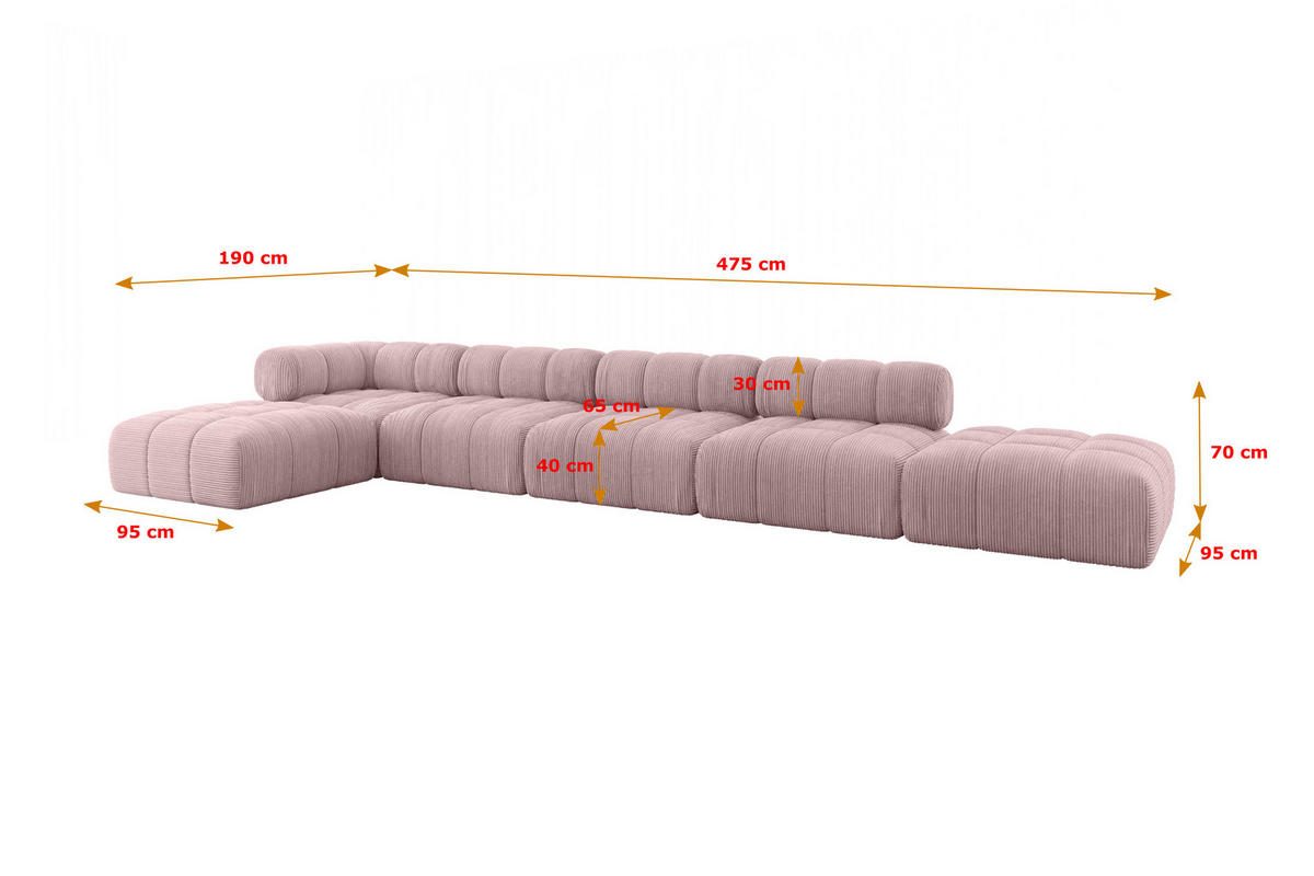 ECKSOFA modulares Sofa Kerru-L3 - 475x190x70 cm Rosa Cord - Rosa, Holzwerkstoff/Textil (475/190cm) - ALTDECOR