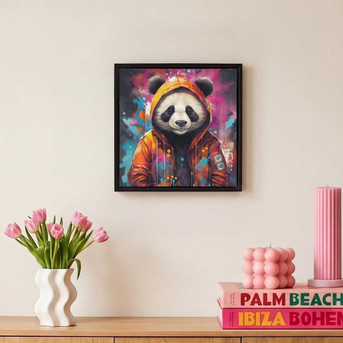 LEINWAND Bilder mit Rahmen - Panda - Jacke - Graffiti - Orange - 20x20 - Orange, Textil (20/20cm) - MuchoWow