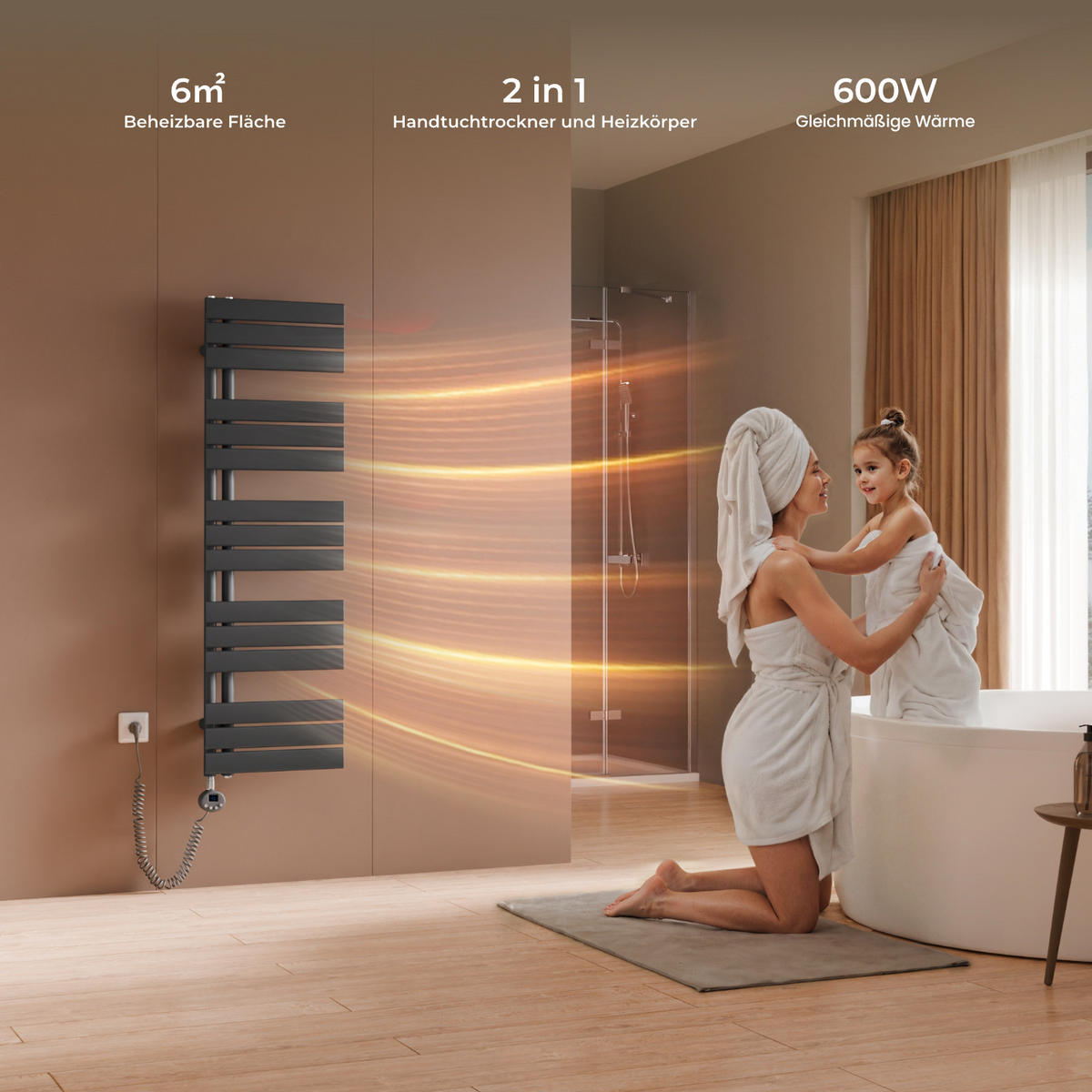 HANDTUCHHEIZKÖRPER 132/40 cm anthrazit elektrisch 600 W mit WLAN-Thermostat - Anthrazit, Metall (40/132/5.9cm) - S'AFIELINA