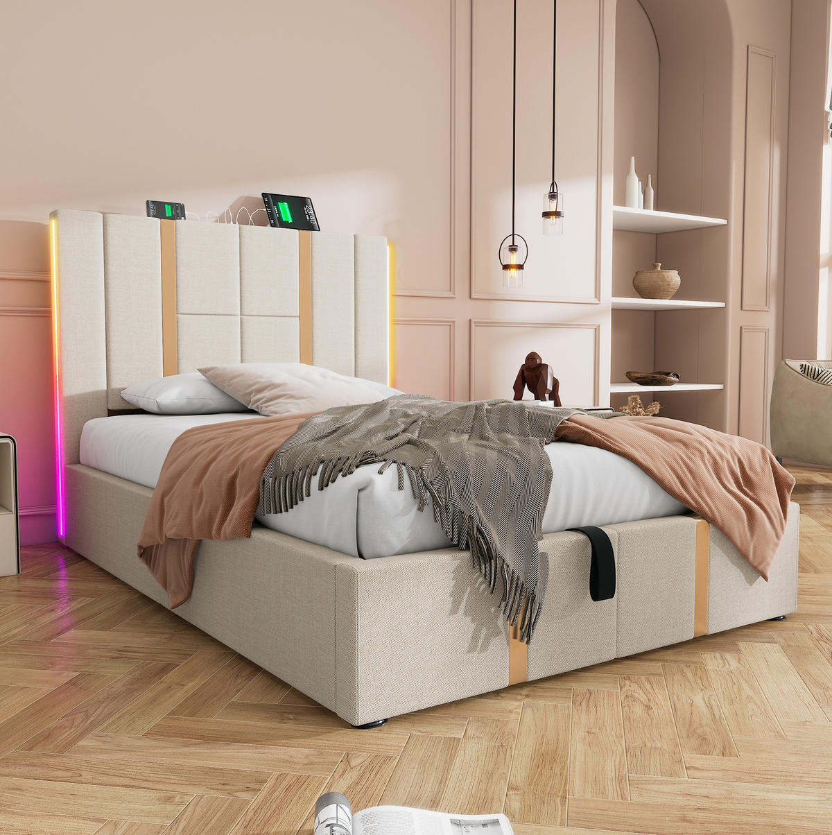 POLSTERBETT 90/200 cm Beige mit Stauraum, LED-Beleuchtung und USB-/Type-C-Anschlüssen - Beige, Textil (90/200cm) - Flora Grace