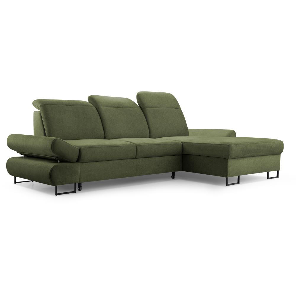 ECKSCHLAFSOFA Karo mit verstellbaren Kopfstützen Grün rechts - Schwarz/Grün, Textil/Metall (265/156cm) - Beautysofa
