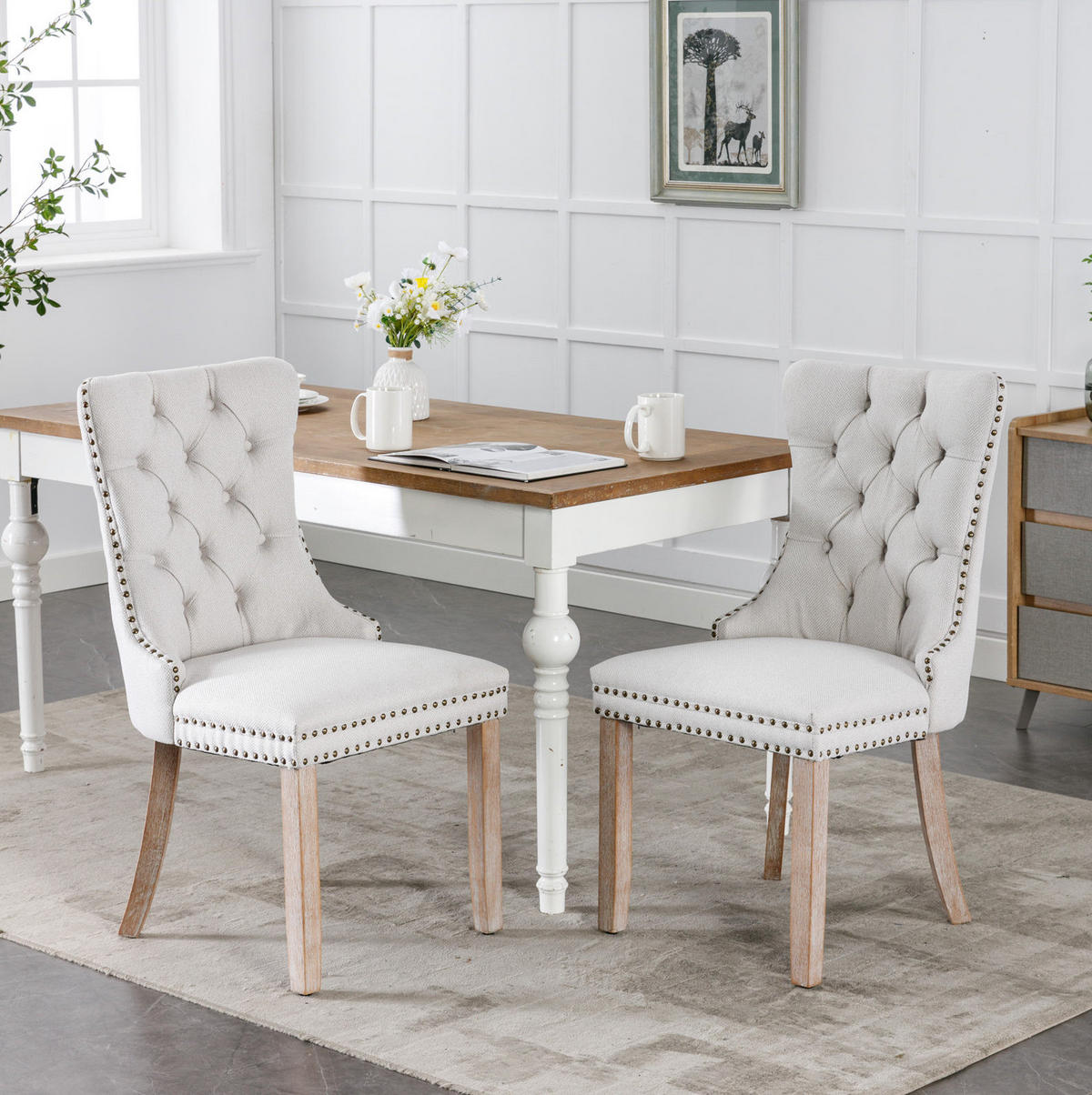 ESSZIMMERSTUHL 2er-Set mit hoher Rückenlehne Leinen Beige - Weiß, Holz (50/95/65cm) - Meubliv