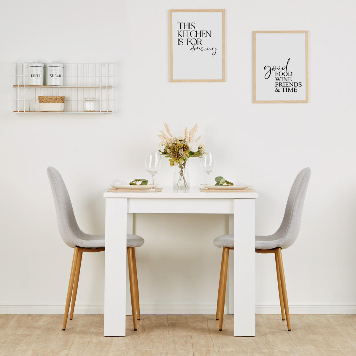 TISCHGRUPPE 80/80 cm in weiß mit 2 Stühlen grau - Weiß/Grau, Holz/Textil (80/88/80cm) - Homestyle4u