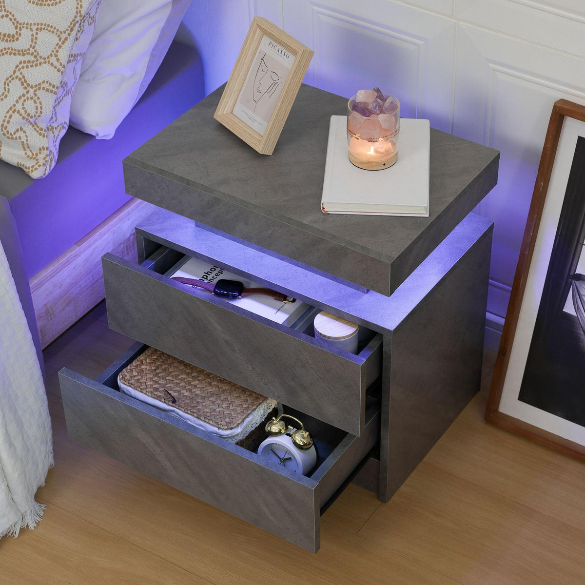 NACHTKOMMODE 50/53/36 cm dunkelgrau aus Holzwerkstoff mit LED-Beleuchtung und 2 Schubladen - Grau, Holzwerkstoff (53/36/50cm) - OKWISH