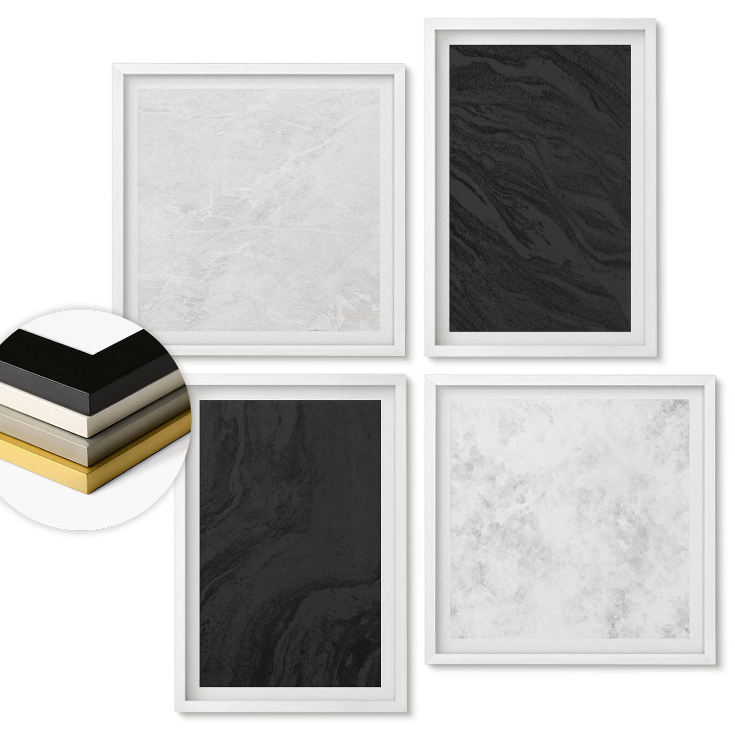 WANDBILDER 4er-Set - 50x50 cm & 40x60 cm Weißer Rahmen - Dunkles Licht, glamouröse Marmor - Weiß, Kunststoff (50/50cm) - ArtPrintCave