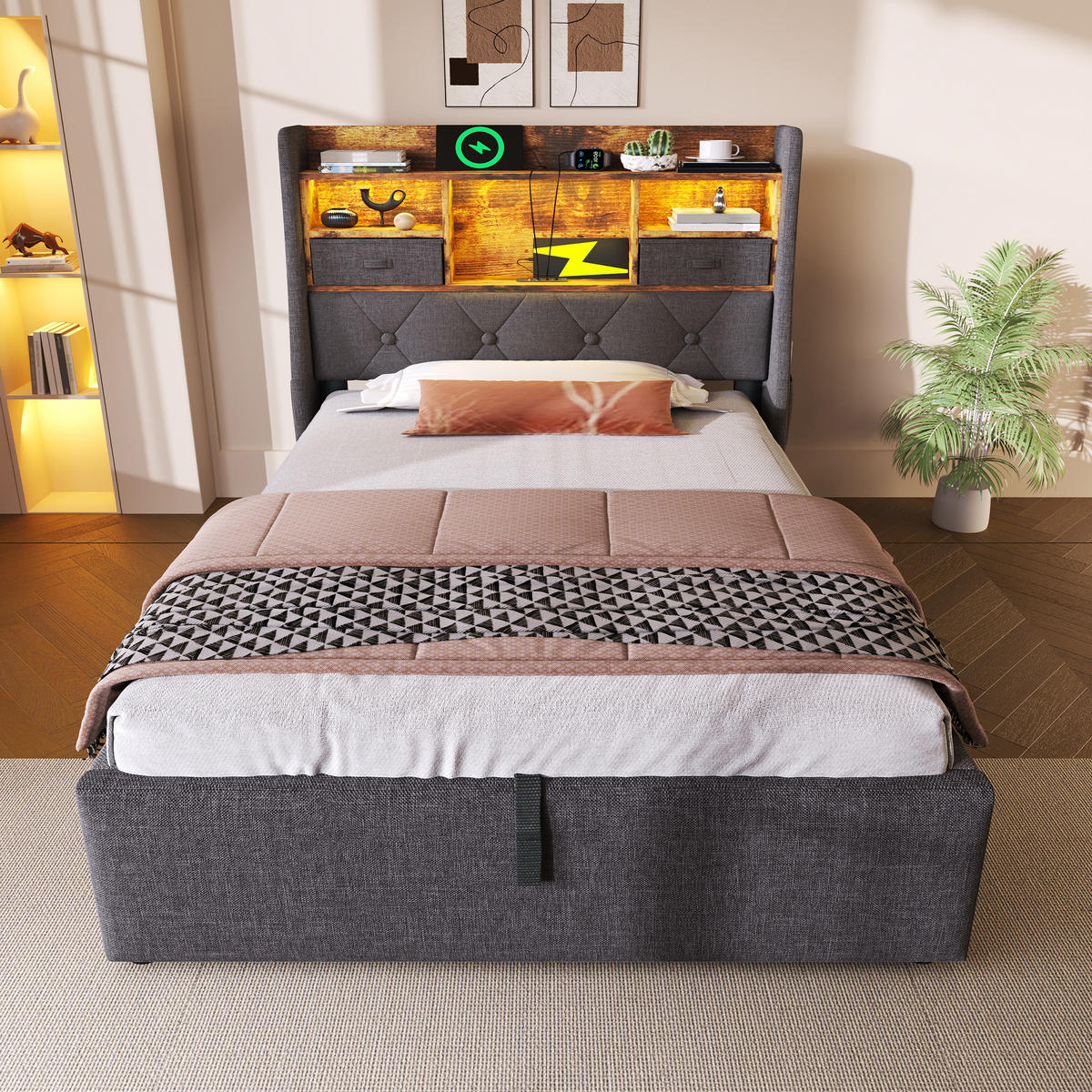 POLSTERBETT 90/200 cm mit LED, USB- und Type-C-Anschlüssen, hydraulischem Stauraum und Matratze, Grau - Grau, Textil (90/200cm) - Redom