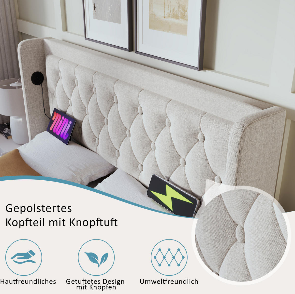 POLSTERBETT 140/200 cm Beige aus Baumwolle mit Bettkasten - Beige, Textil (140/200cm) - OKMYHOME