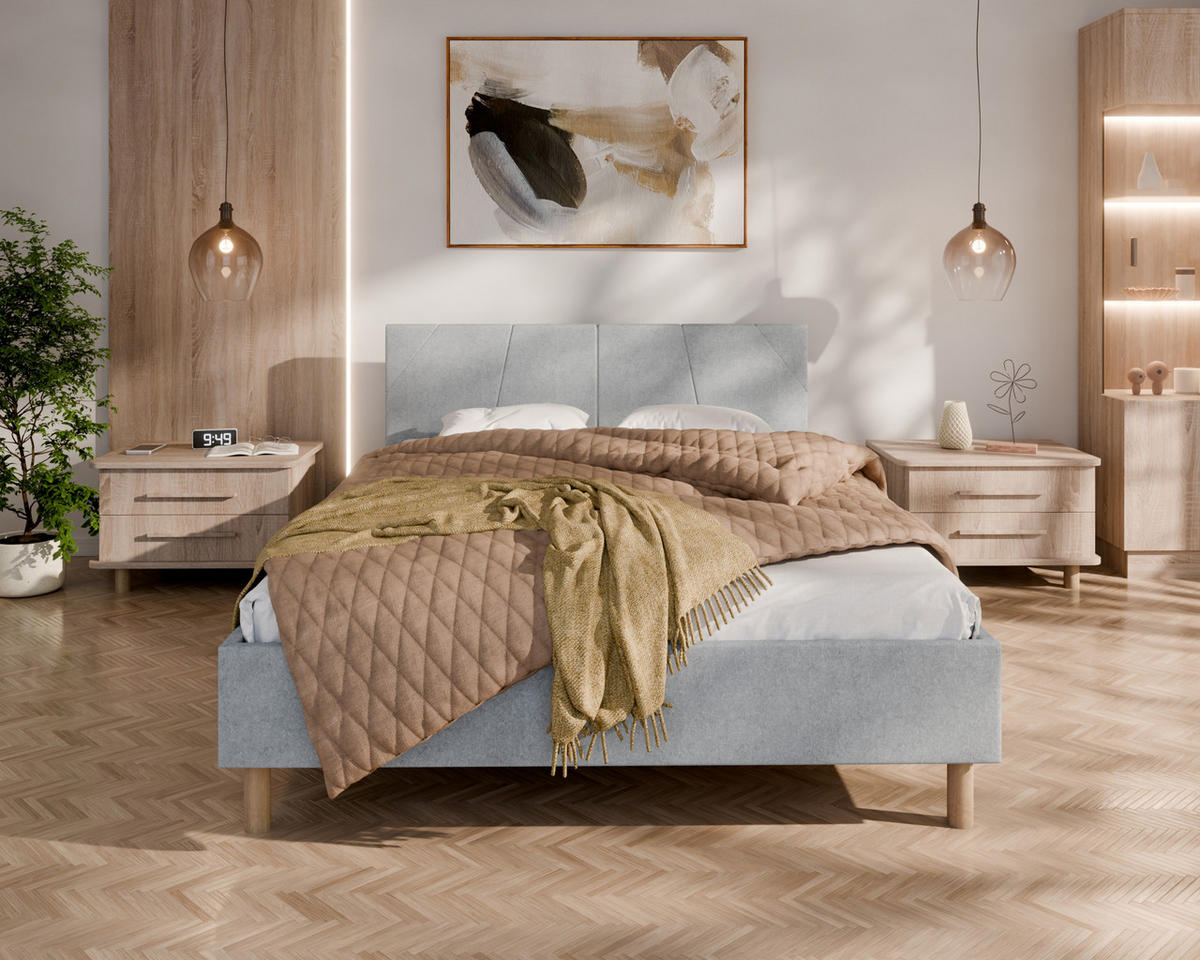POLSTERBETT ALMORE 140x200cm, 7-Zonen-Taschenfederkernmatratze CIRA (24 cm), hellgrau - Hellgrau, Holz (140/200cm) - Homesy