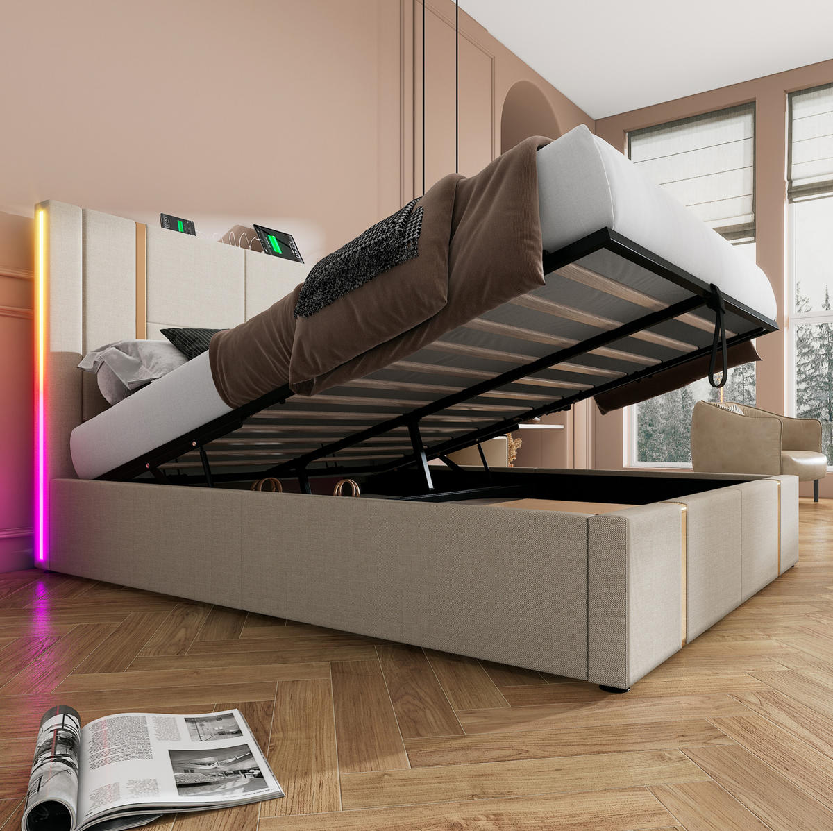 POLSTERBETT mit Bettkasten 140/200 cm mit LED-Beleuchtung und USB/Type-C - Beige, Textil (140/200cm) - BEAOK