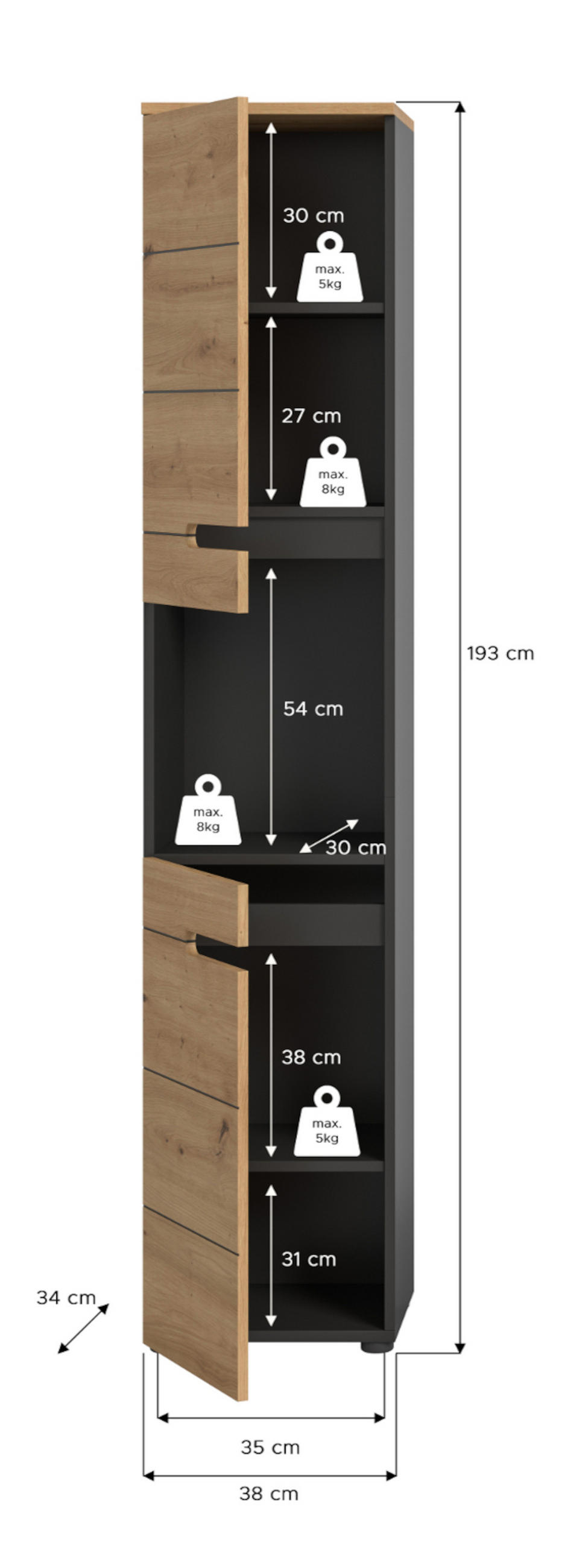 HOCHSCHRANK Eiche, grau 38 x 193 cm, Badschrank mit Soft-Close - Eiche Artisan/Grau, Holzwerkstoff/Kunststoff (38/193/34cm) - Inn.Furn