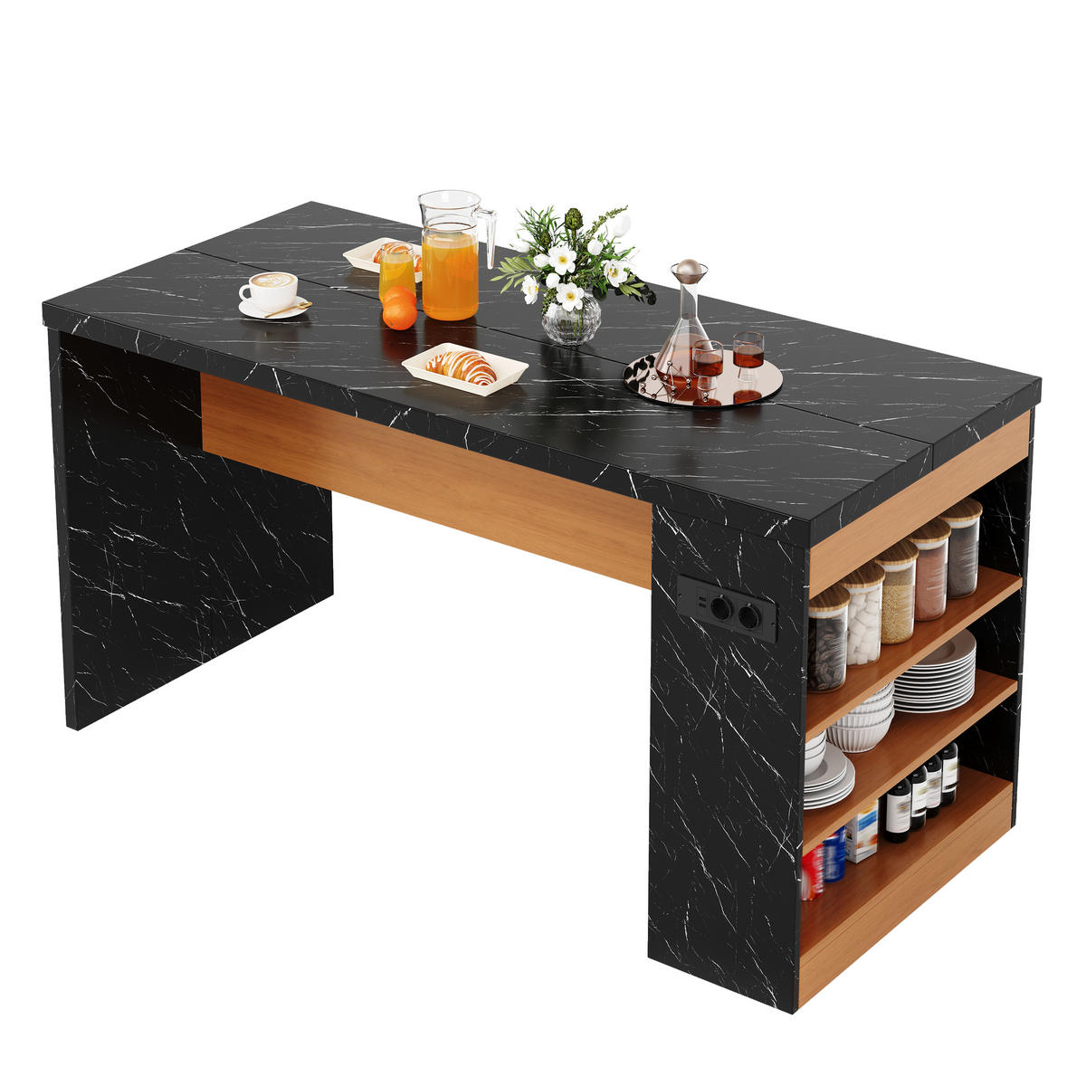 KÜCHENINSEL 90 cm MDF Schwarz Natur mit LED-Beleuchtung und USB-Steckdose - Schwarz, Holzwerkstoff (80/90/155cm) - Korfee
