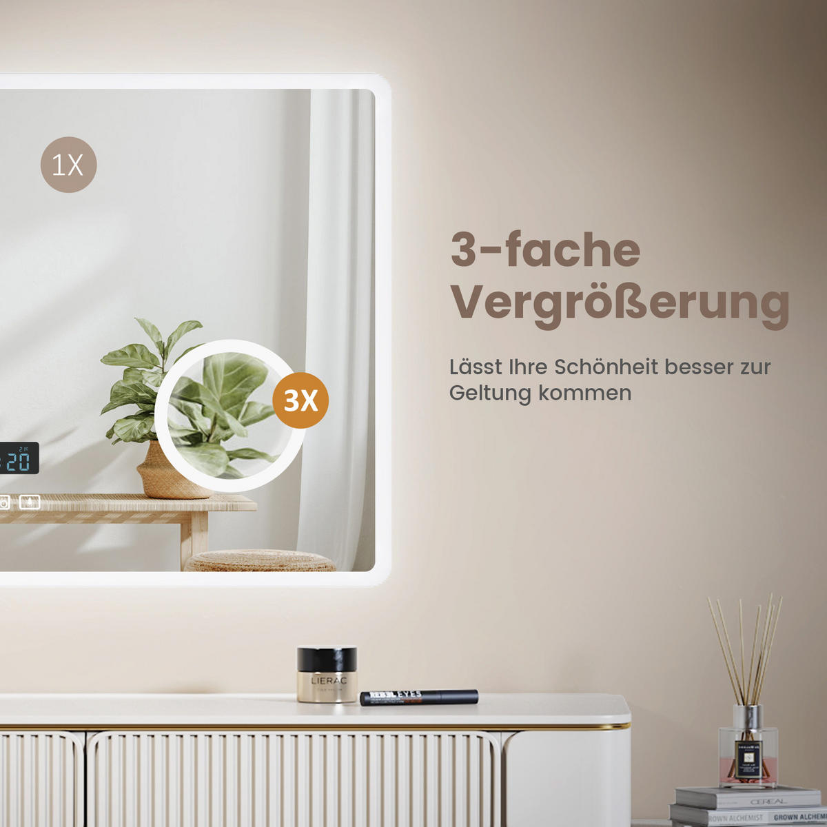 BADSPIEGEL mit Bluetooth Anti-Beschlag mit Integriertem Schminkspiegel 100/60 cm - Weiß, Glas (60/3.5/100cm) - EMKE