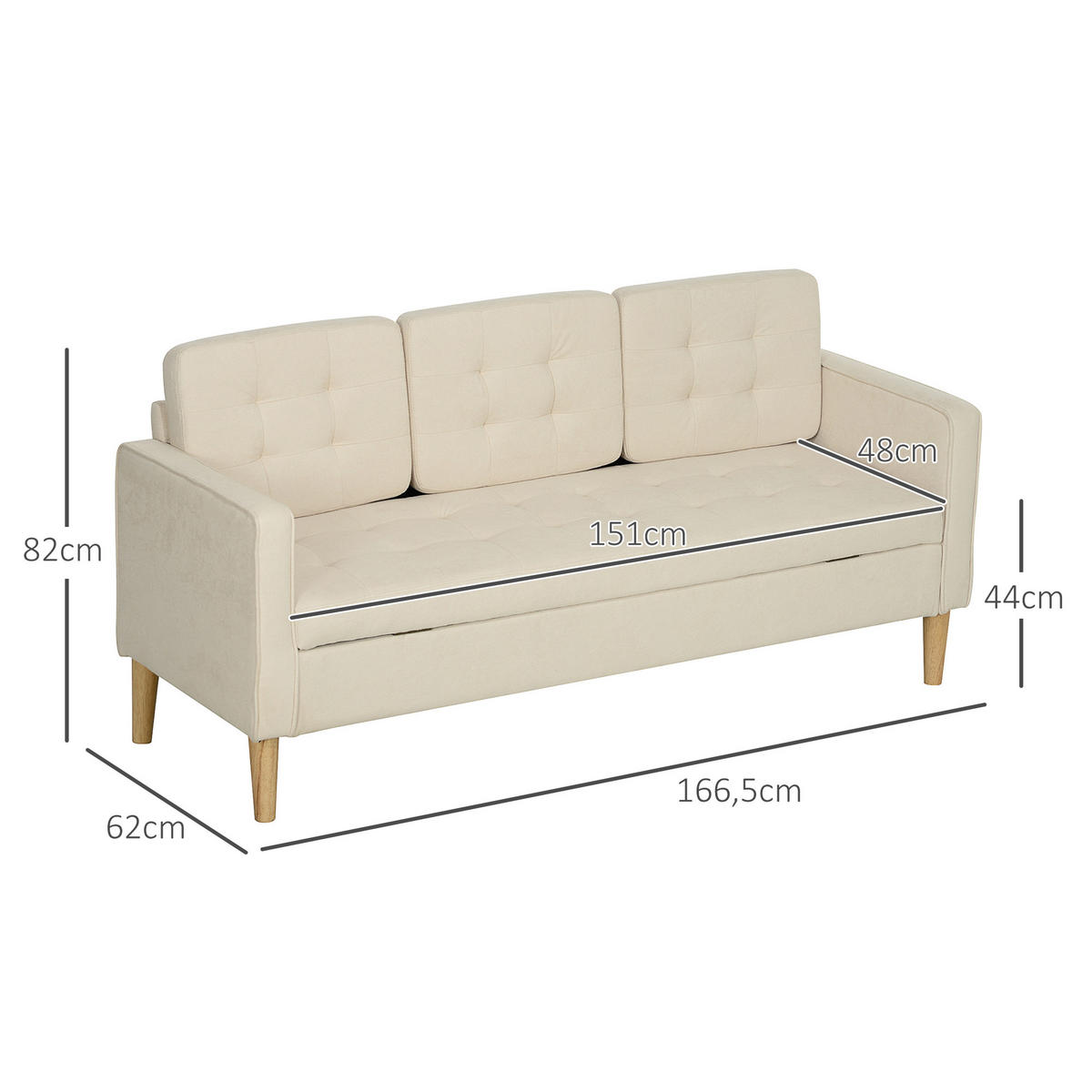 3 Sitzer Sofa, Couch mit Stauraum, Holzbeine, Samtoptik für Wohnzimmer - Creme/Naturfarben, Holz/Textil (62/82/166.5cm) - HOMCOM