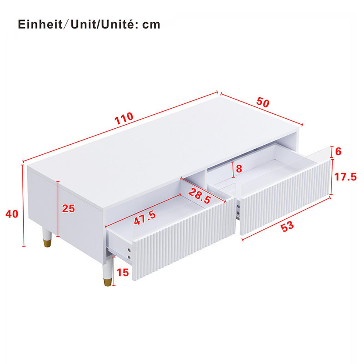 COUCHTISCH Weiß mit LED, Wellendesign und goldfarbenen Beinen - Weiß, Metall (110/50/40cm)