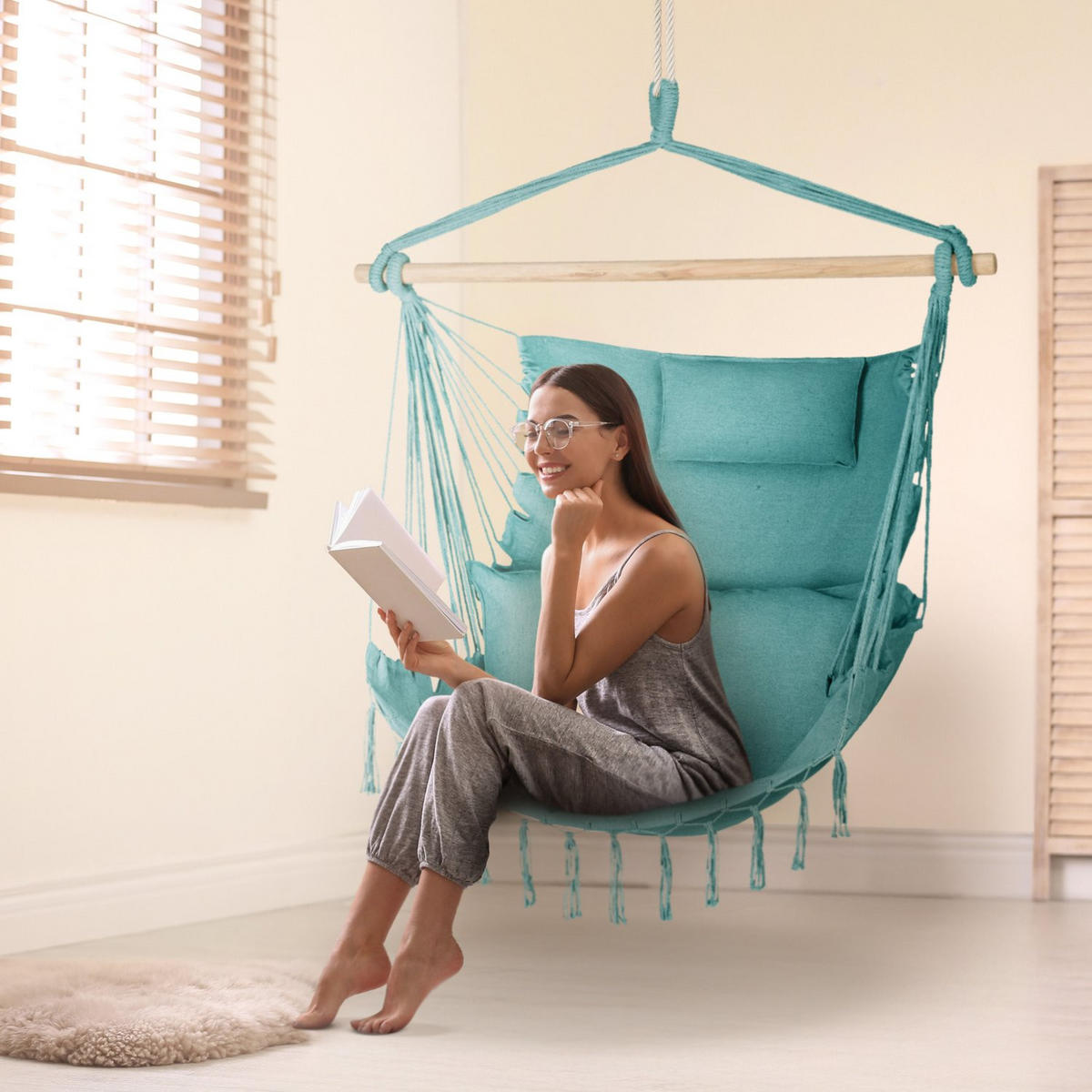 HÄNGESESSEL mit 3 Kissen 75/100/130 cm, bis 140 kg - Grün, Textil (100/130/75cm) - Outtec