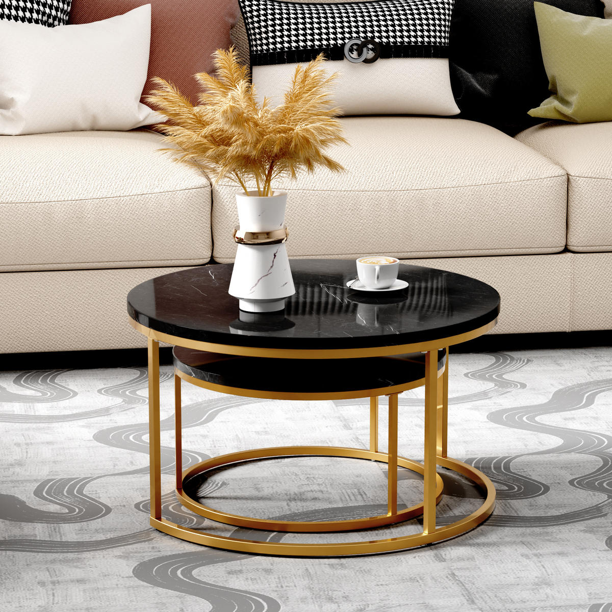 COUCHTISCH Runder 2-teiliger Satztisch 80/80 cm + 60/60 cm geschachtelt - Schwarz, Holzwerkstoff (80/80/45cm) - OKWISH