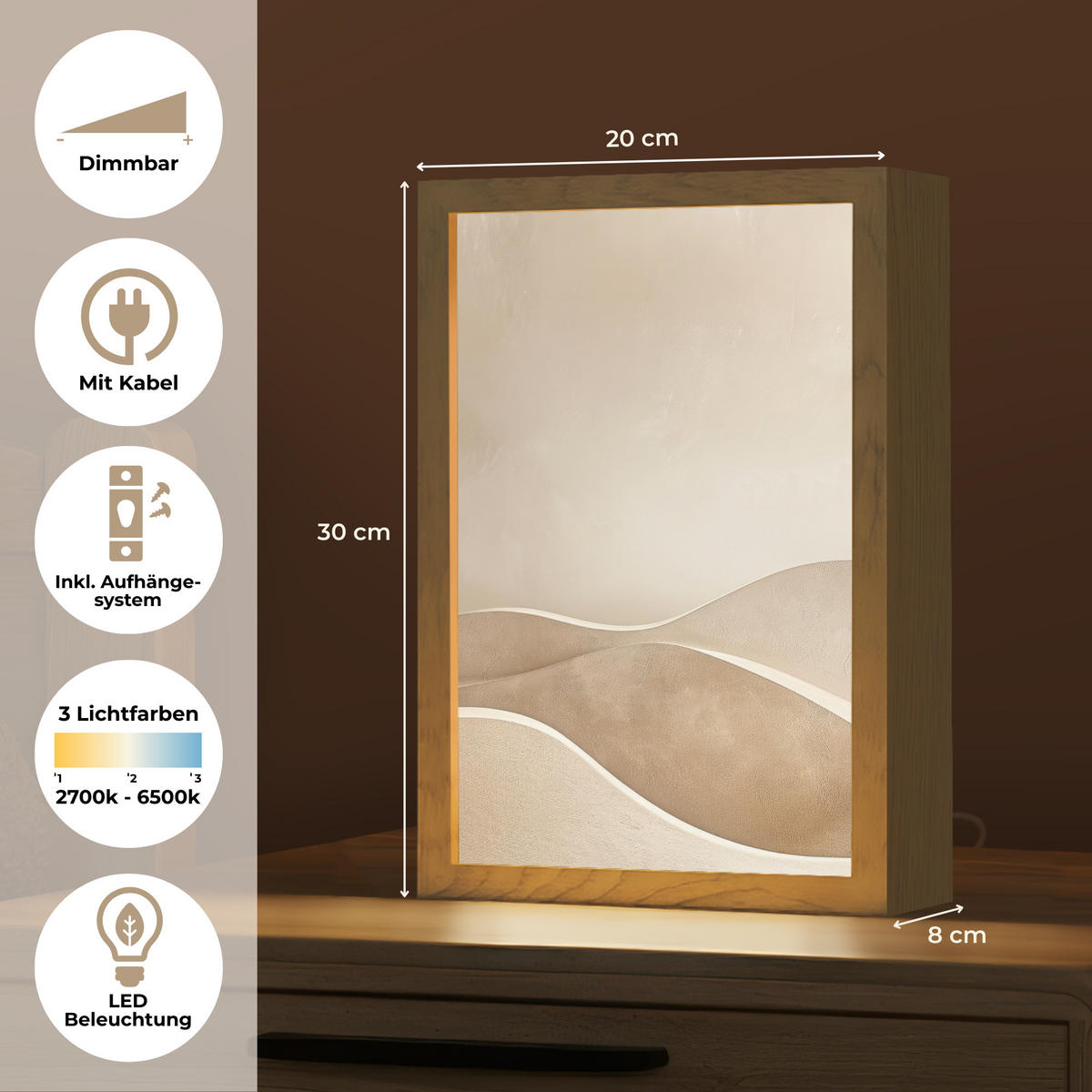 STOLNÍ LAMPA Béžová - Příroda - Abstraktní - Moderní 20x30 cm - šampaňská, kompozitní dřevo (8/20/30cm) - OnlyWow