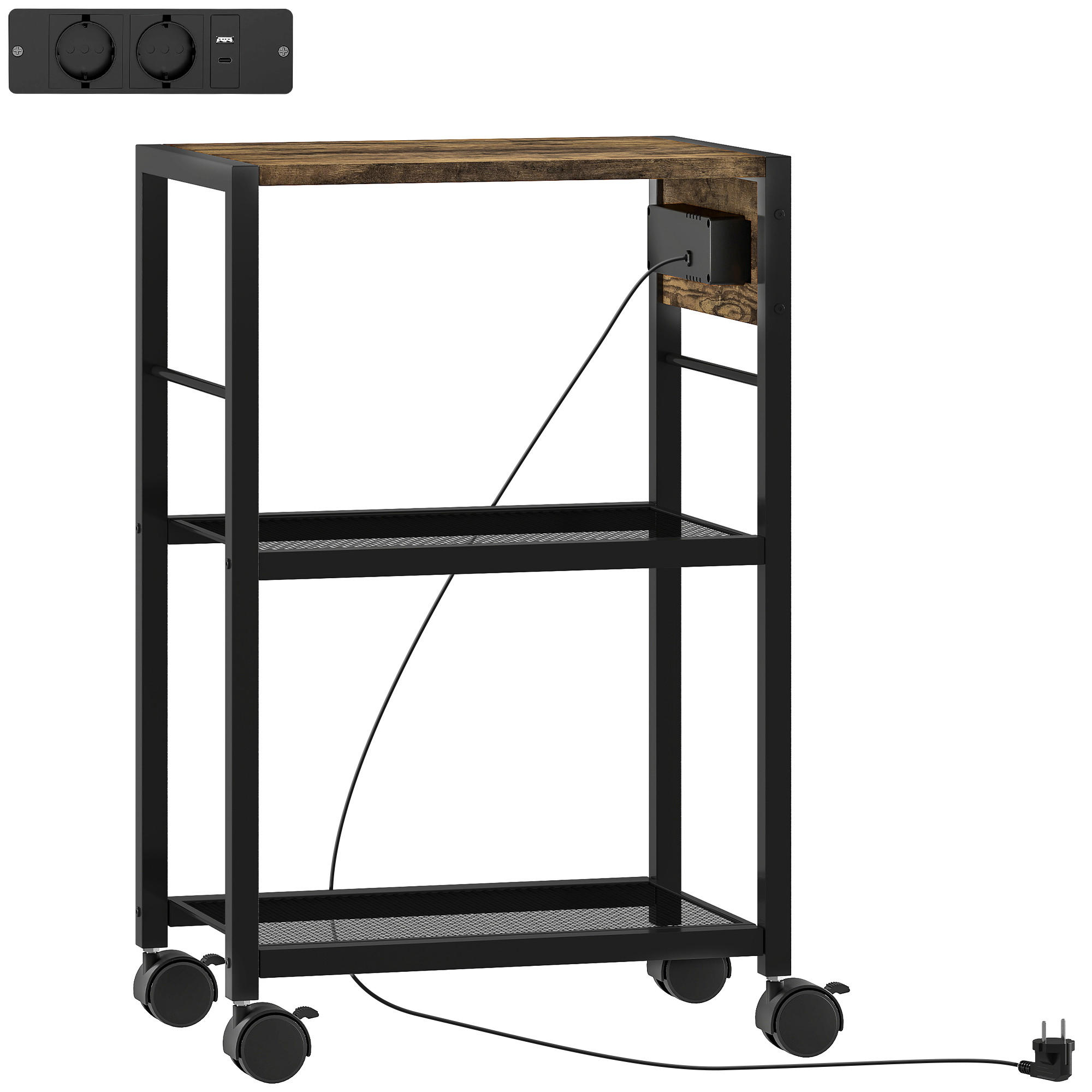 DRUCKERSTÄNDER Druckeregal mit Rollen, Steckdosen, USB- und USB-C-Anschlüsse - Rostfarben/Schwarz, Holzwerkstoff/Metall (28/64.5/42cm) - HOMCOM