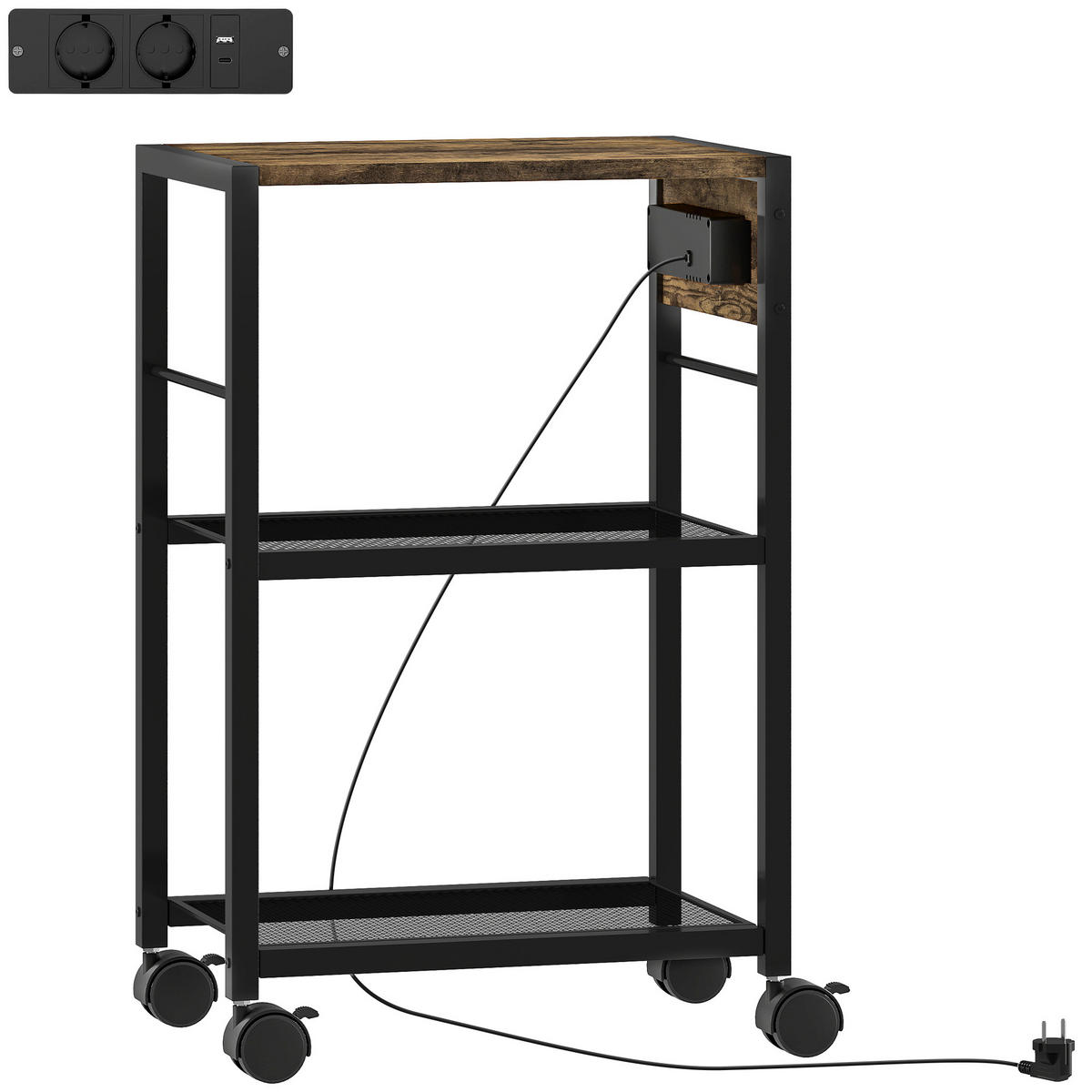 DRUCKERSTÄNDER Druckeregal mit Rollen, Steckdosen, USB- und USB-C-Anschlüsse - Rostfarben/Schwarz, Holzwerkstoff/Metall (28/64.5/42cm) - HOMCOM