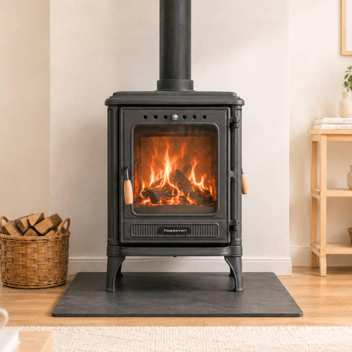 HOSSEVEN Kaminofen Holzofen Wohnzimmer Holzkamin 8005CK Panorama 3 Seiten Glas 7 kW Holz Ofen Kamin Heizofen Schwedenofen Mehrfachbelegung - Schwarz, Metall (59.3/68.3/45.8cm)