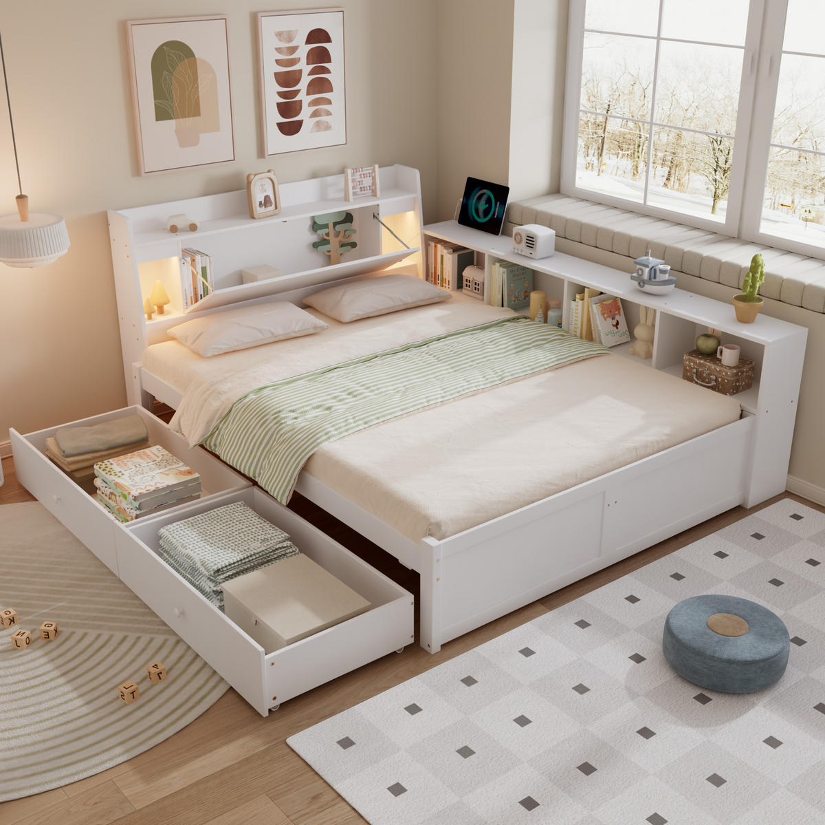 BETT 140/200 cm Weiß aus Kiefer, Spanplatte und MDF mit Stauraum und Ladebuchse - Weiß, Holz (140/200cm) - OKMYHOME
