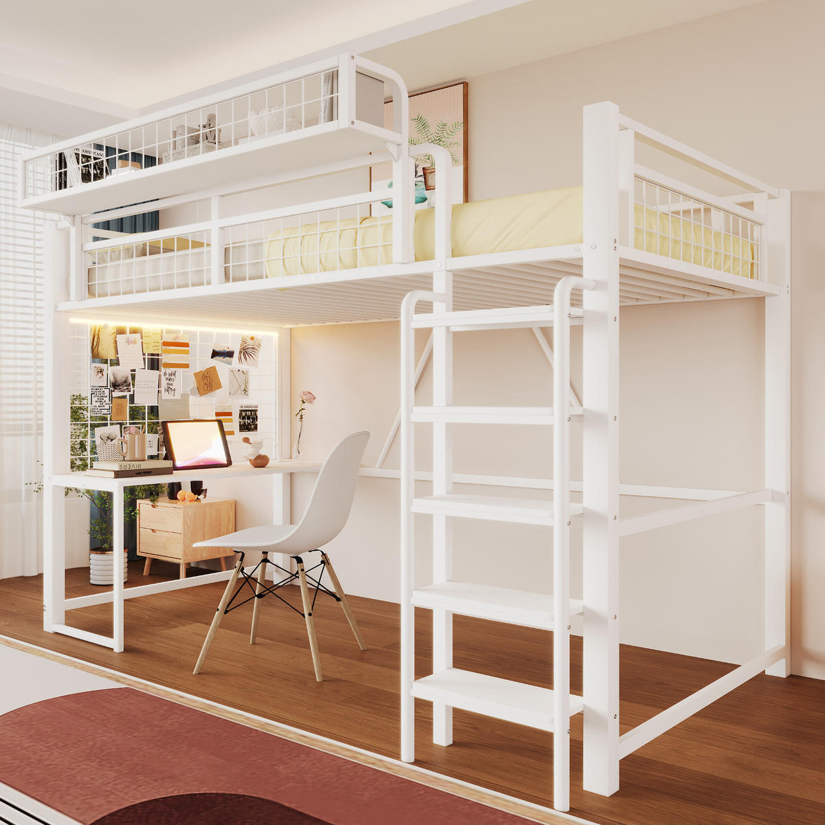 HOCHBETT 90/200 cm in Weiß mit Schreibtisch, LED, Steckdose und Ablage Metall modern - Weiß, Holzwerkstoff/Metall (90/200cm) - STILVORA
