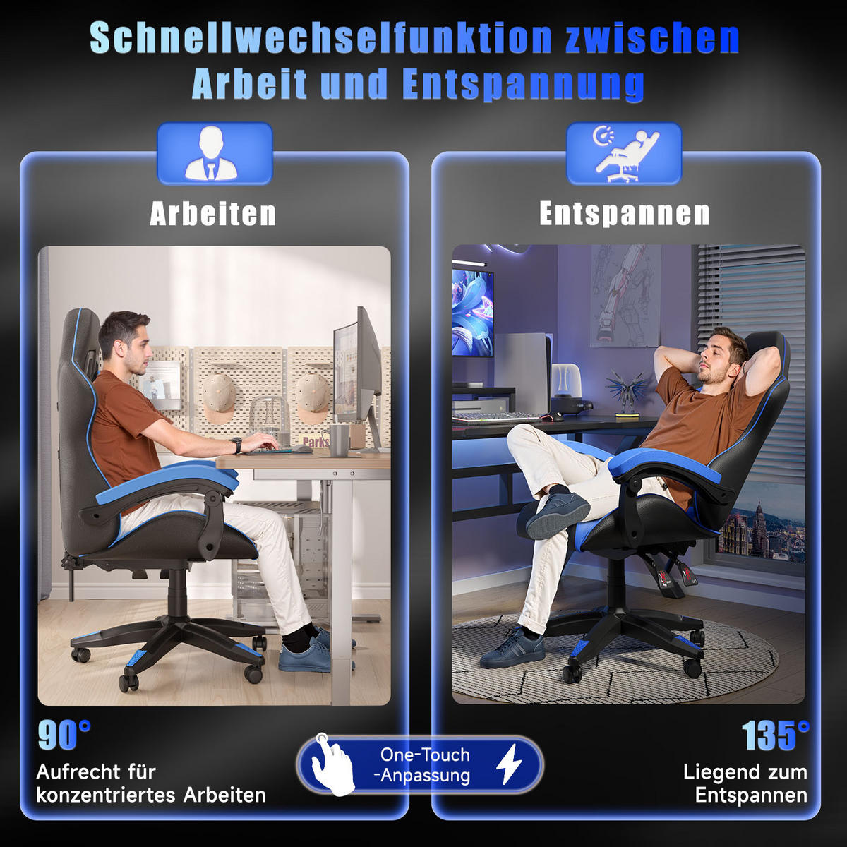 GAMINGSTUHL Schwarz-Blau ergonomisch - Blau, Leder (29/59/79cm) - Rattrix