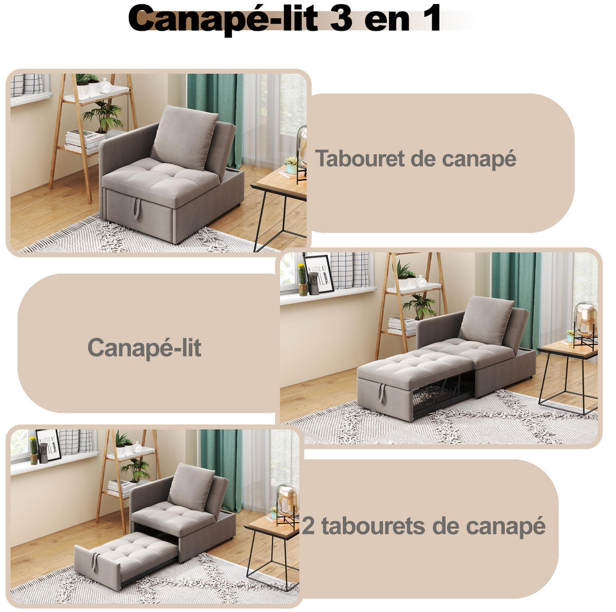 SCHLAFSOFA aus Leinenstoff 177x68x65 cm Grau 3-in-1 mit 5-fach verstellbarer Rückenlehne - Grau, Textil (177/65/68cm) - Modfu