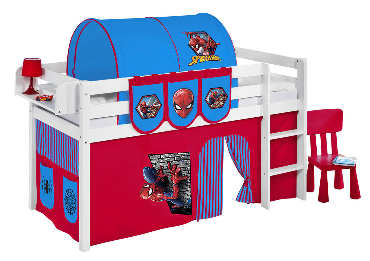 HOCHBETT JELLE mit SPIDERMAN Vorhang - Kinderbett - Weiß, Holz - Lilokids