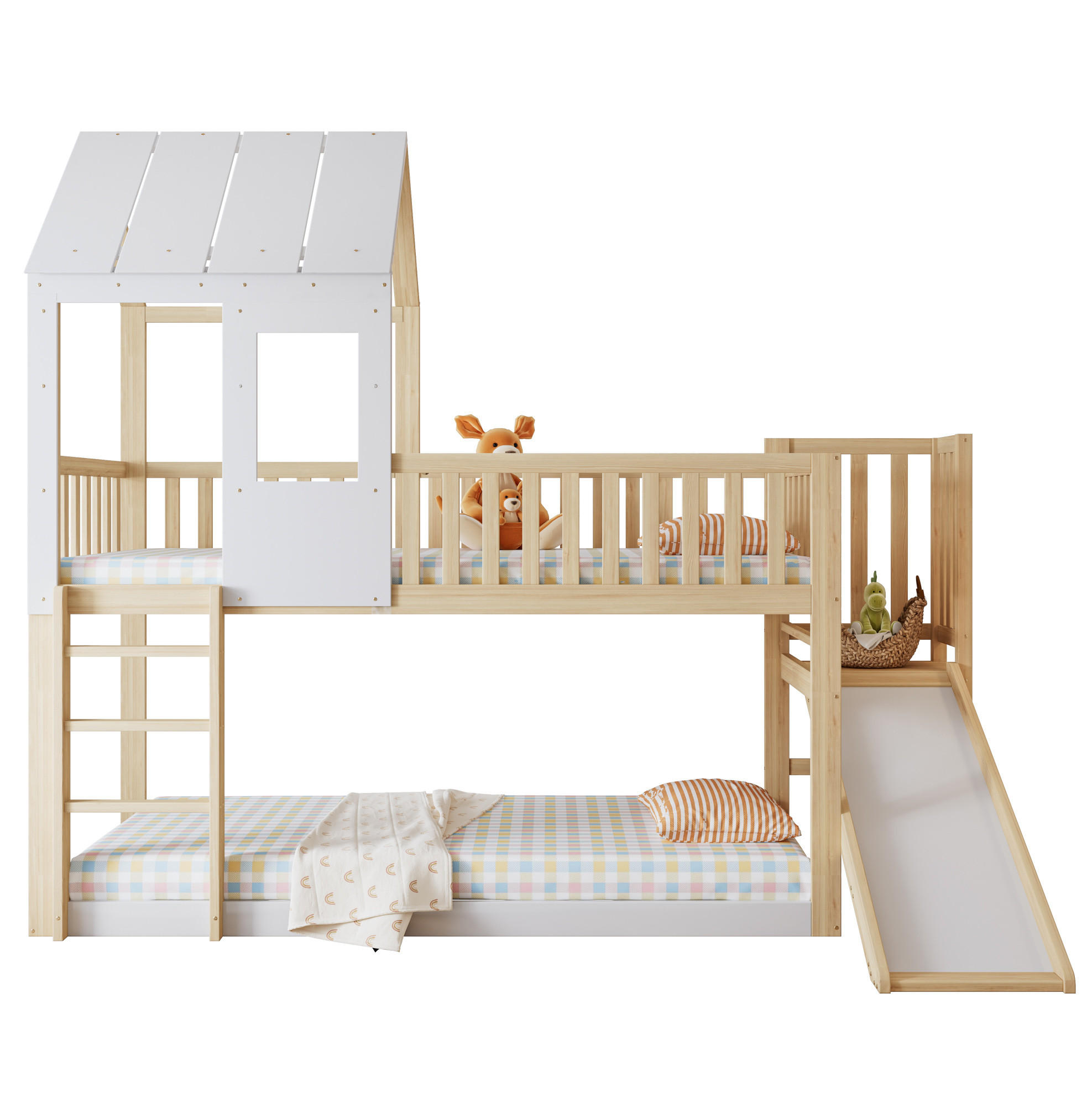 ETAGENBETT Hausbett mit Rutsche, Dach und Fenster, Natur/Weiß, 90/200 cm - Naturfarben, Holz (90/200cm) - MIVRAY