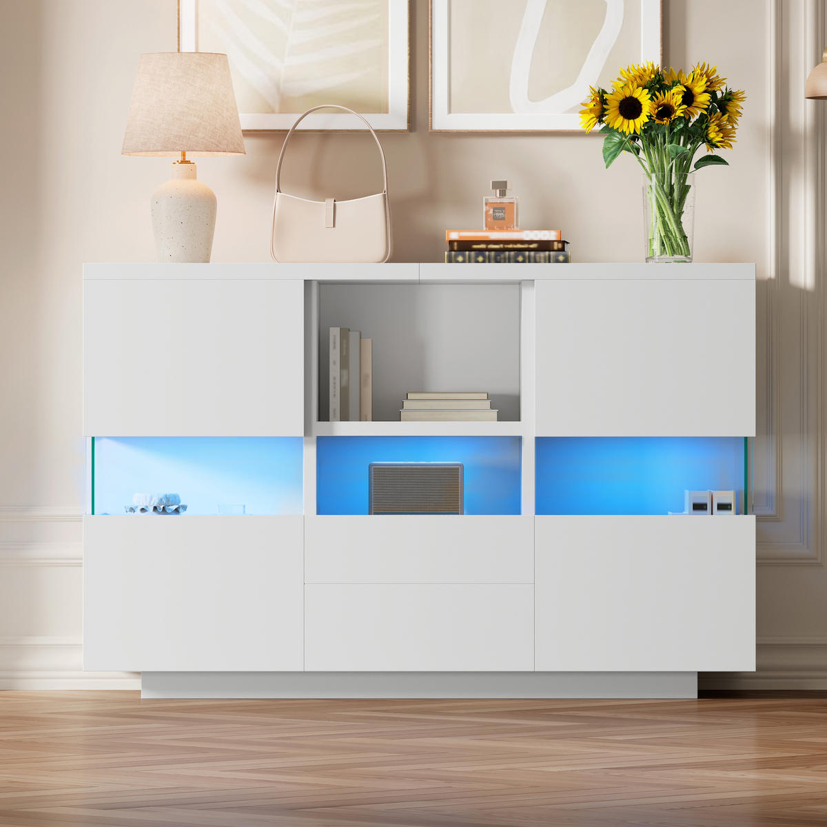 SIDEBOARD 140/35/75 cm in Weiß mit Glas-Elementen, Schubladen & offenen Fächern - Weiß, Holzwerkstoff (140/75/35cm) - BEAOK